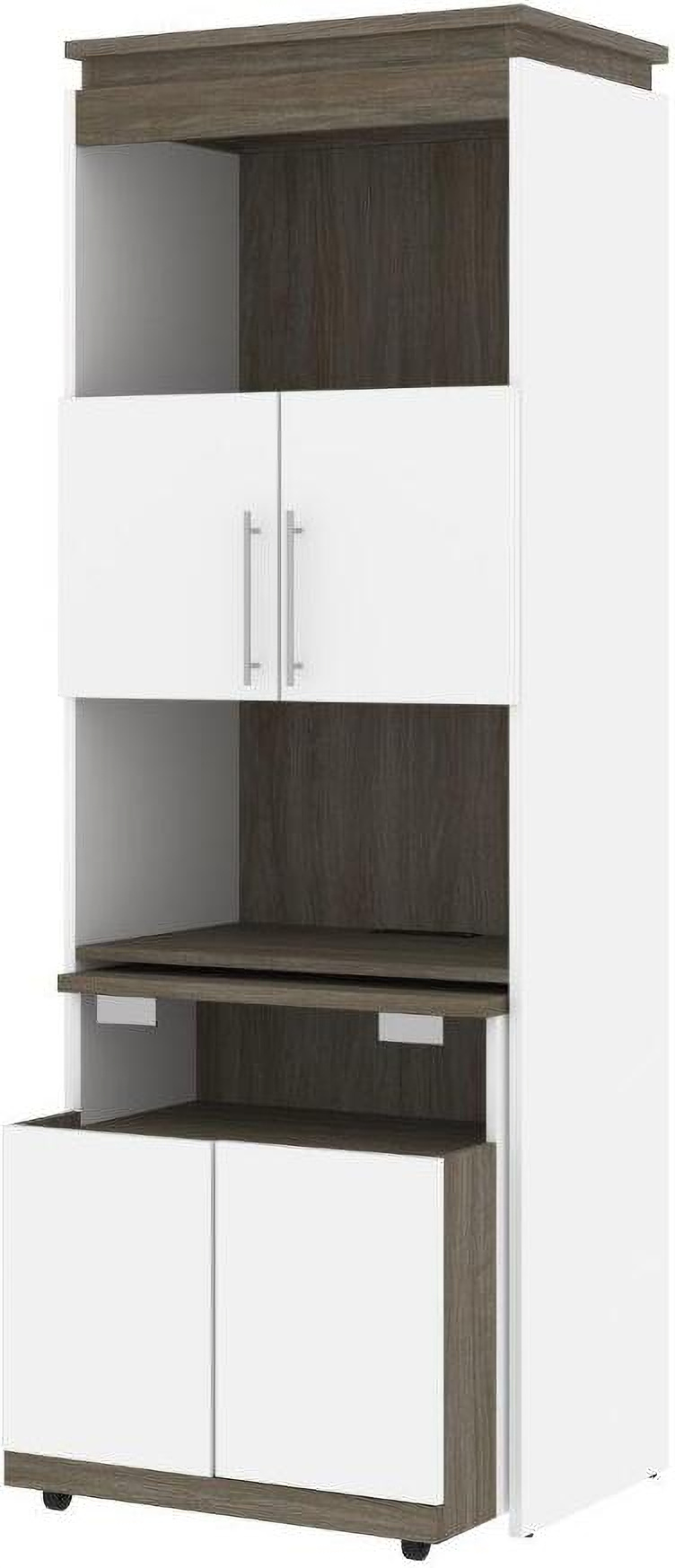 20W Narrow Storage Cabinet with Doors, Drawers and Pull-Out Shelf in White & Walnut Grey by Bestar