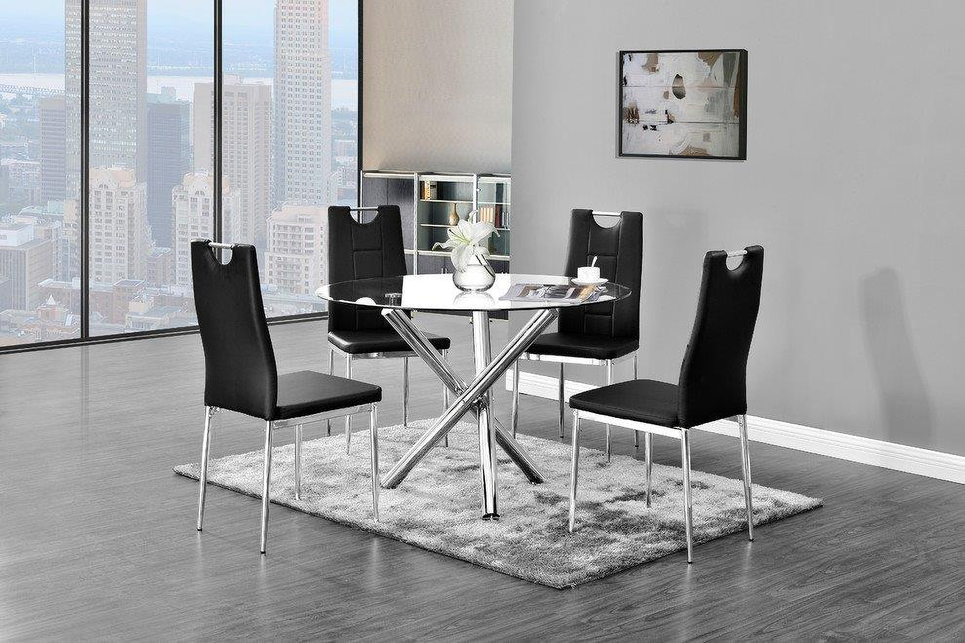 Beverly 5 Piece Faux Leather Round Glass Dinette Set In Black