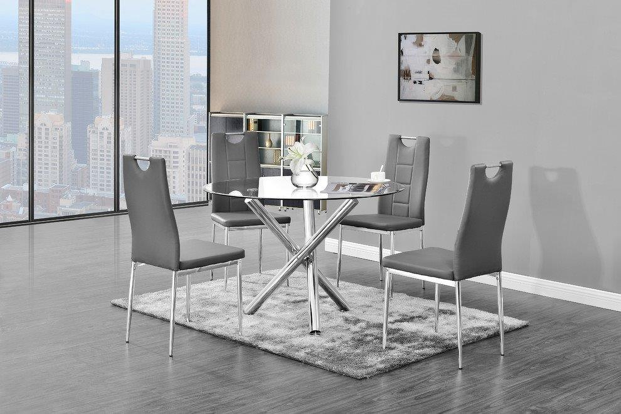 Beverly 5 Piece Faux Leather Round Glass Dinette Set In Gray
