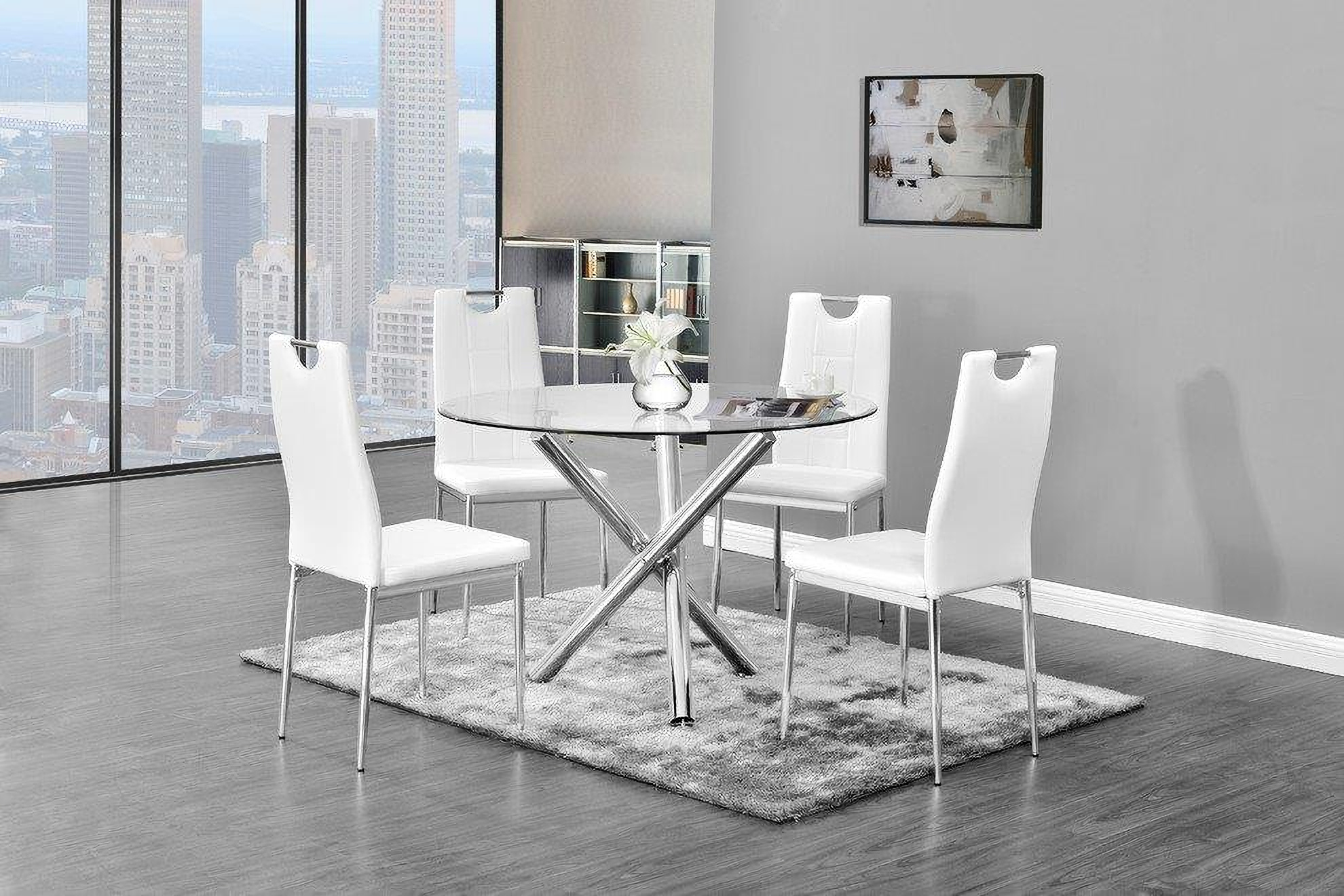 Beverly 5 Piece Faux Leather Round Glass Dinette Set In White