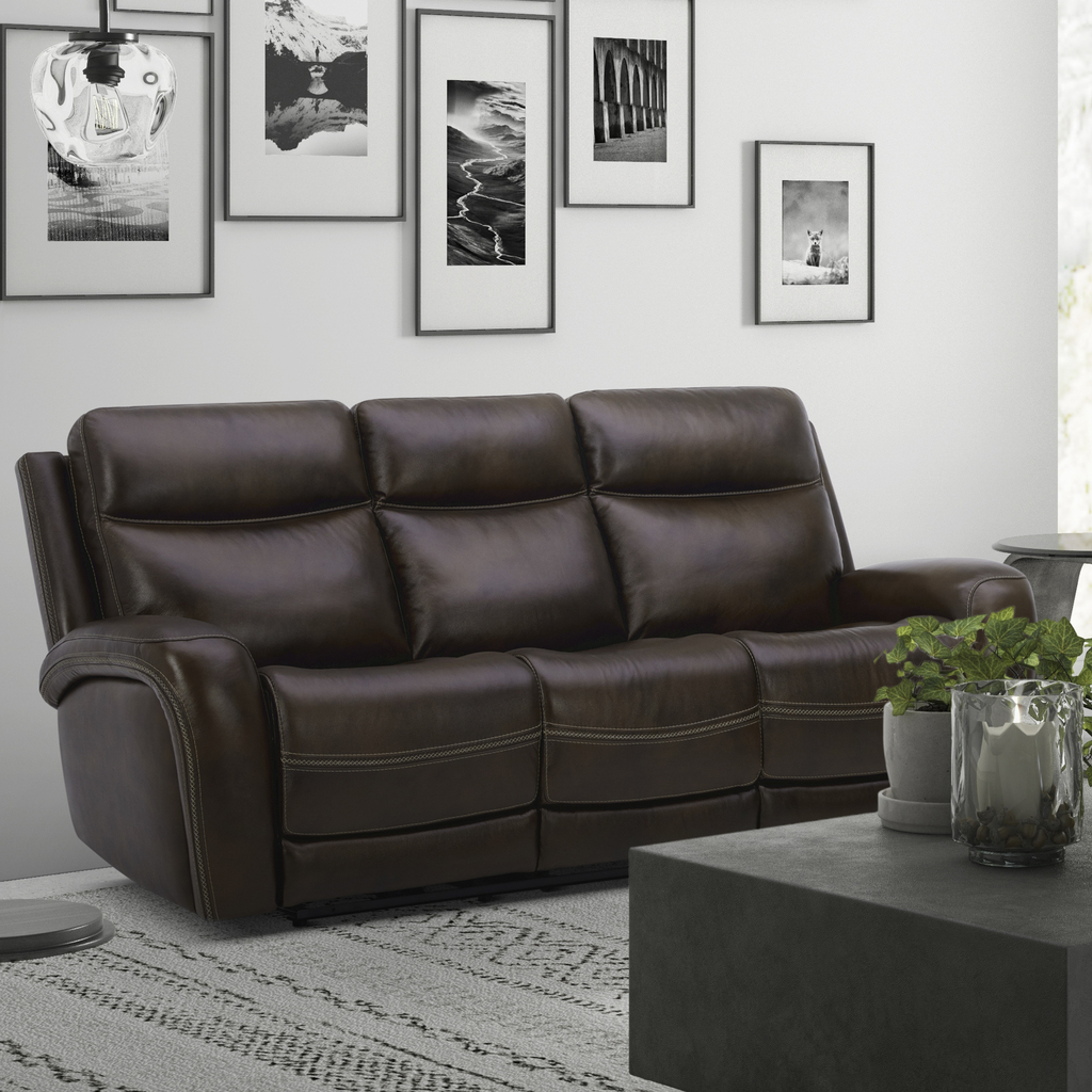 Montague Dual Power Headrest and Lumbar Support Reclining Sofa in Genuine  Brown Leather