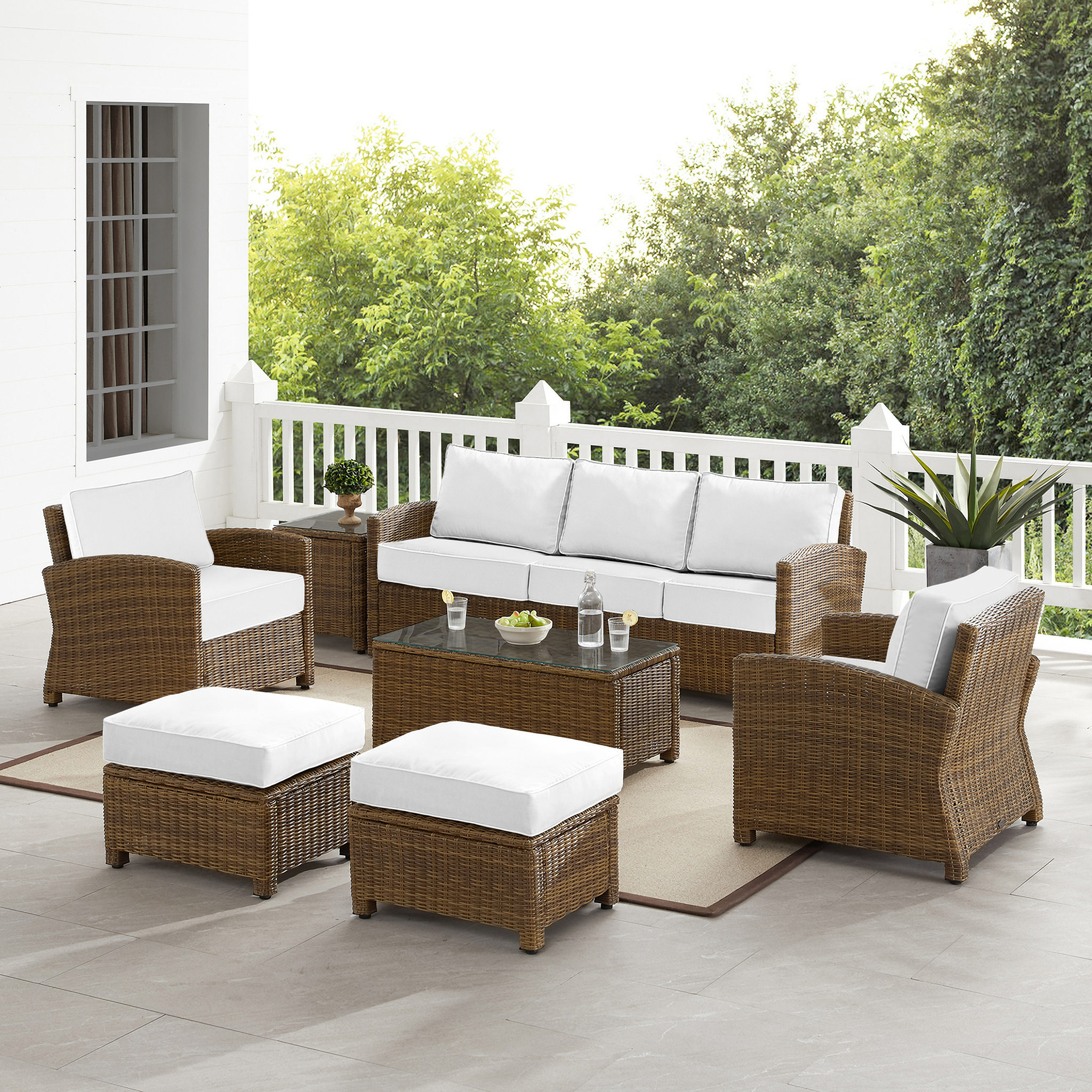 Bradenton 7 Piece Wicker Outdoor Sunbrella Sofa Patio Set In White and Weathered Brown