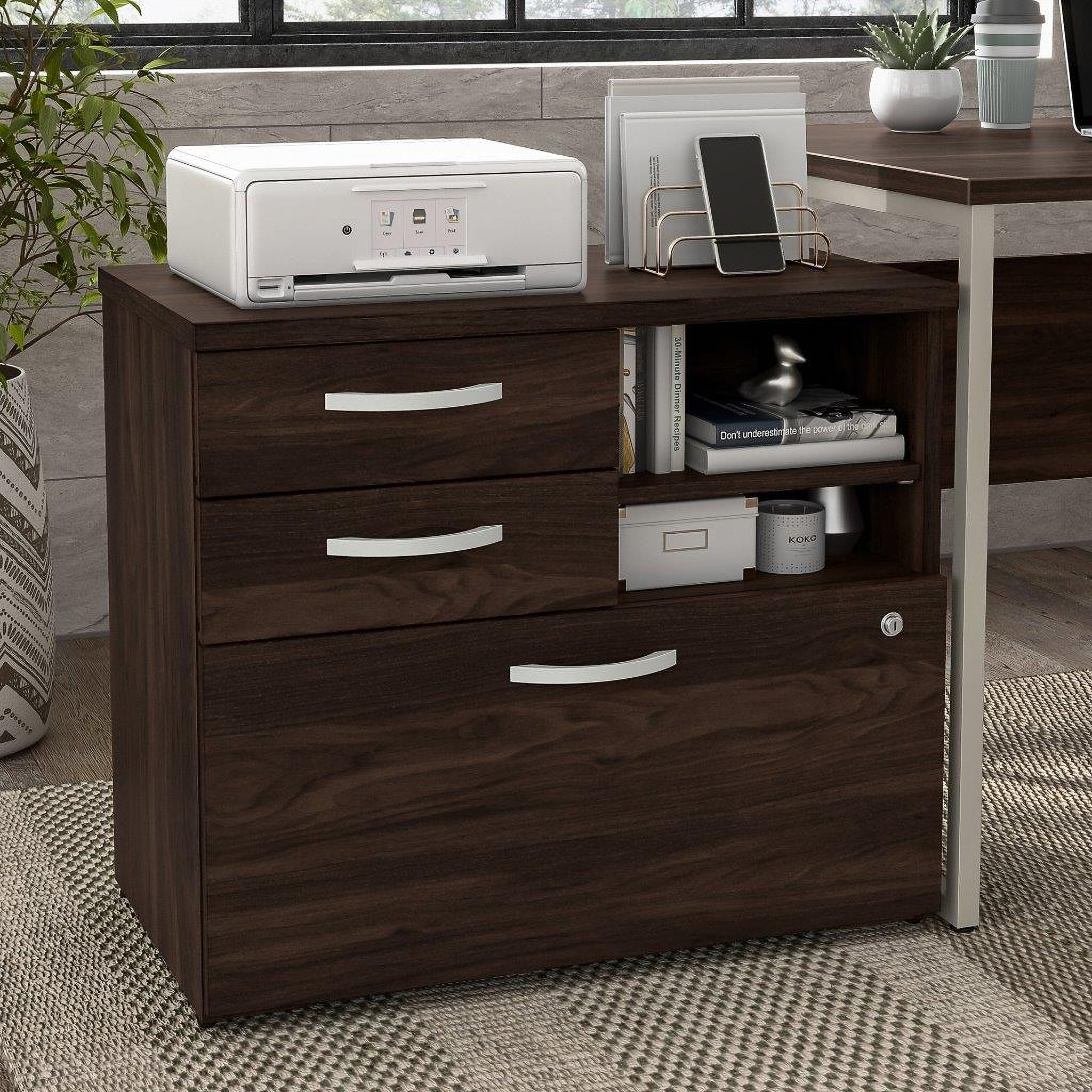 Bush Business Furniture Hybrid Office Storage Cabinet with Drawers and Shelves Black Walnut