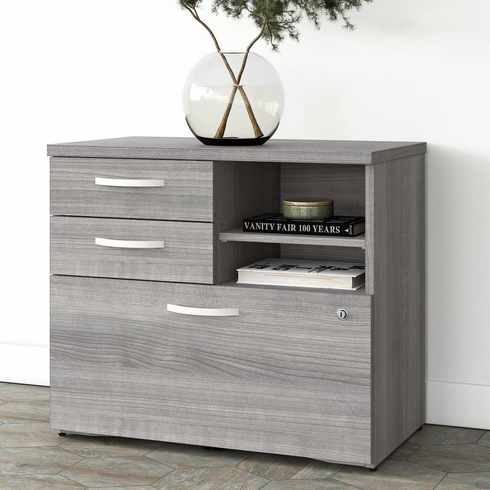 Bush Business Furniture Studio A Office Storage Cabinet with Drawers and Shelves Storm Gray