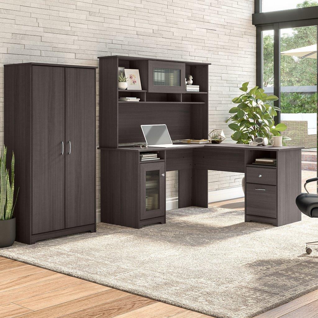 Bush Furniture 3 Person L Shaped Cubicle Desks with Storage, Drawers, and Organizers