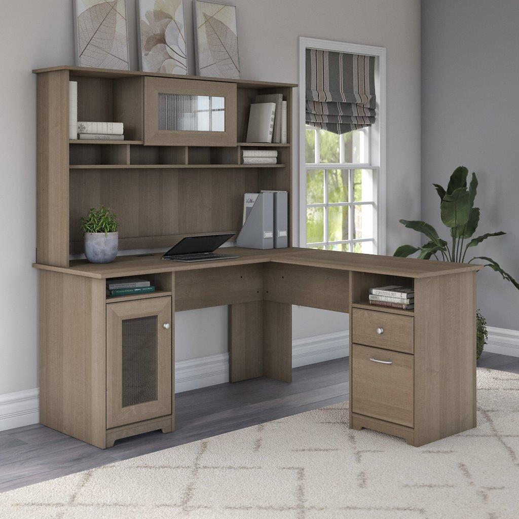 Bush Furniture Cabot L Shaped Desk with Hutch and Small Storage Cabinet with Doors, Linen White Oak