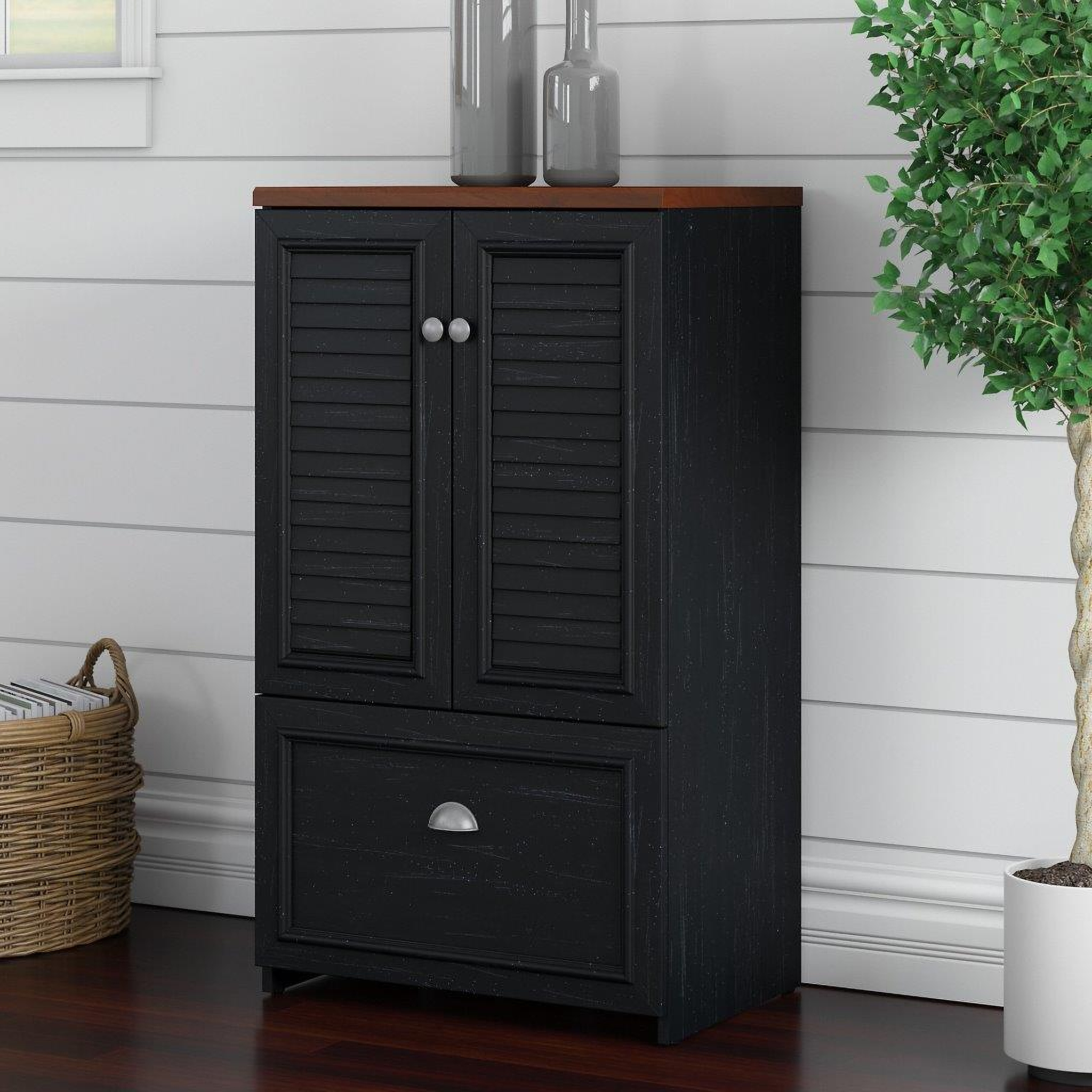 Salinas Vintage Black Tall Storage Cabinet with Doors - Bush