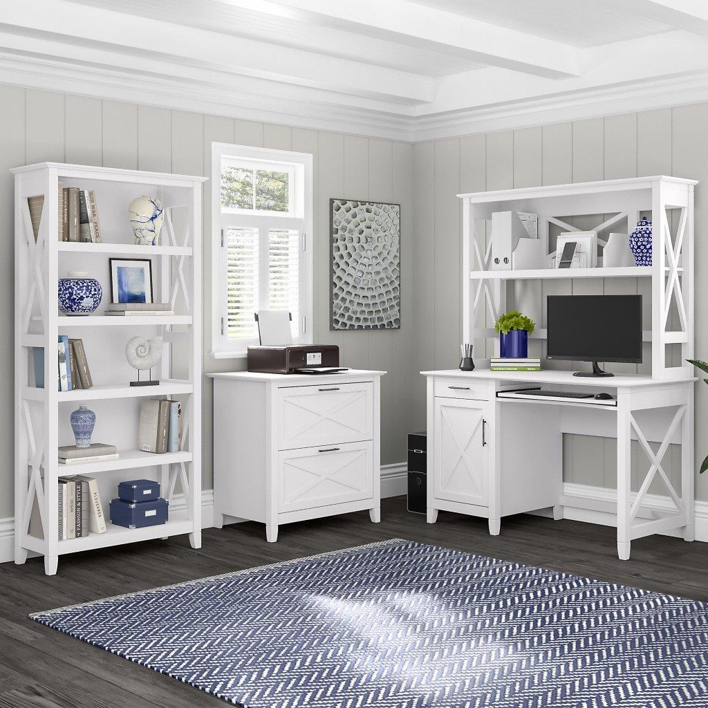 Bush Furniture Cabot Small Computer Desk with Hutch, Lateral File Cabinet and Bookcase, 48W, Linen White Oak