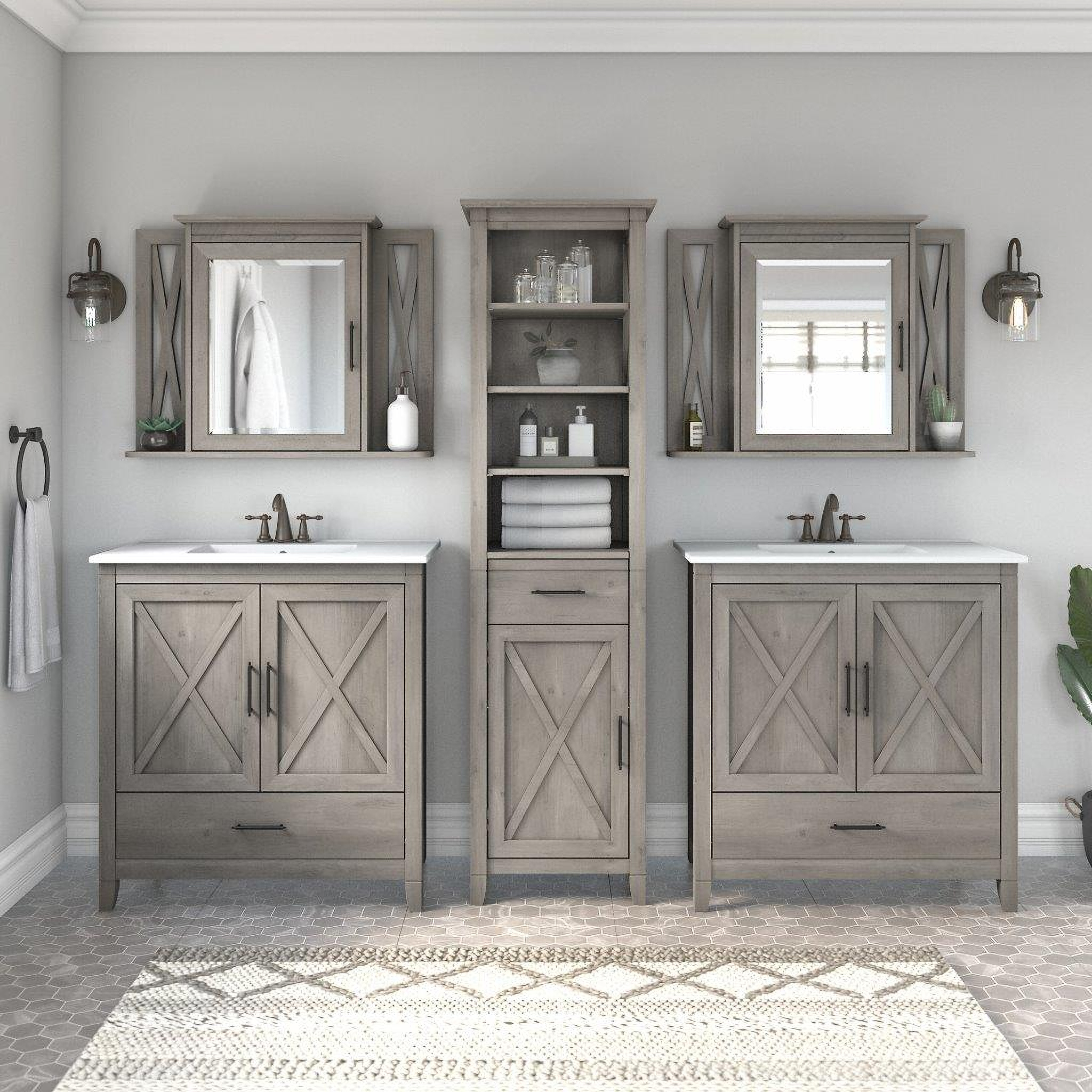 Double bathroom vanity with linen tower discount