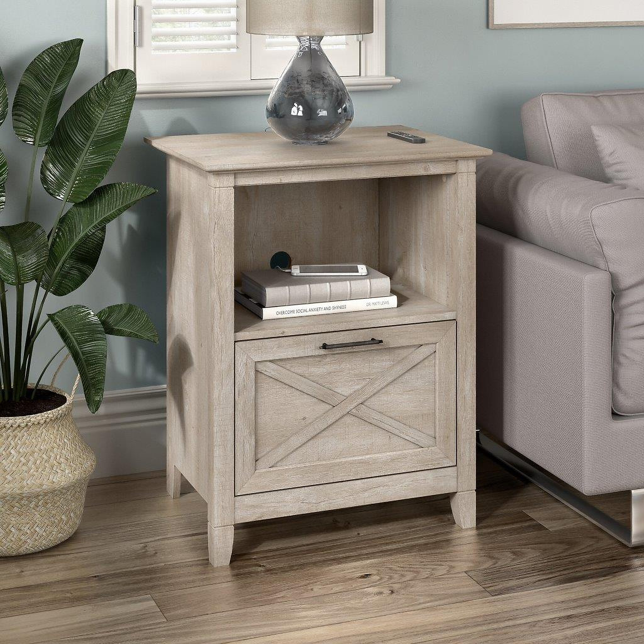 Bush Furniture Key West End Table with Drawer in Washed Gray