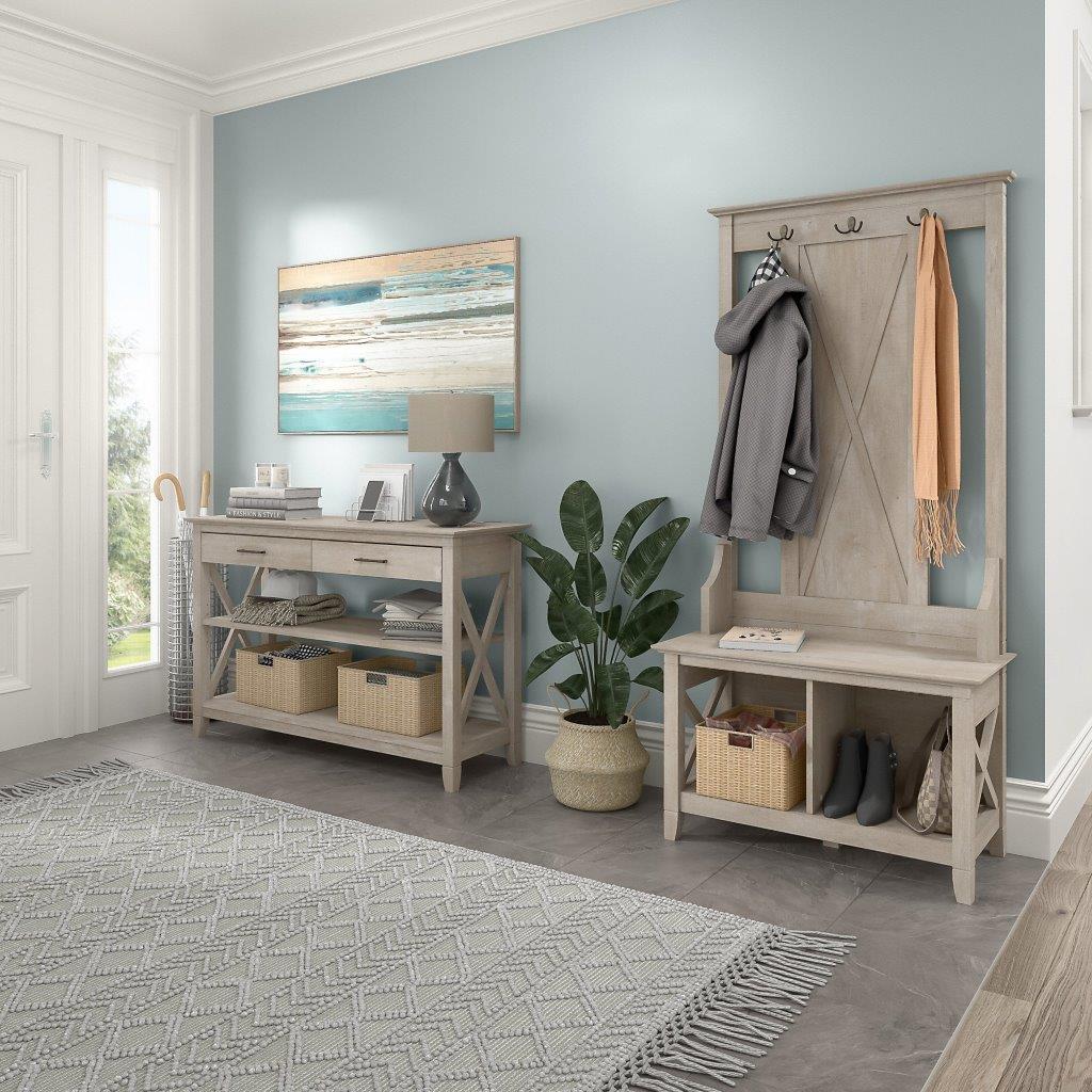 Bush Furniture Key West Entryway Storage Set with Hall Tree Shoe Bench and Console Table Washed Gray