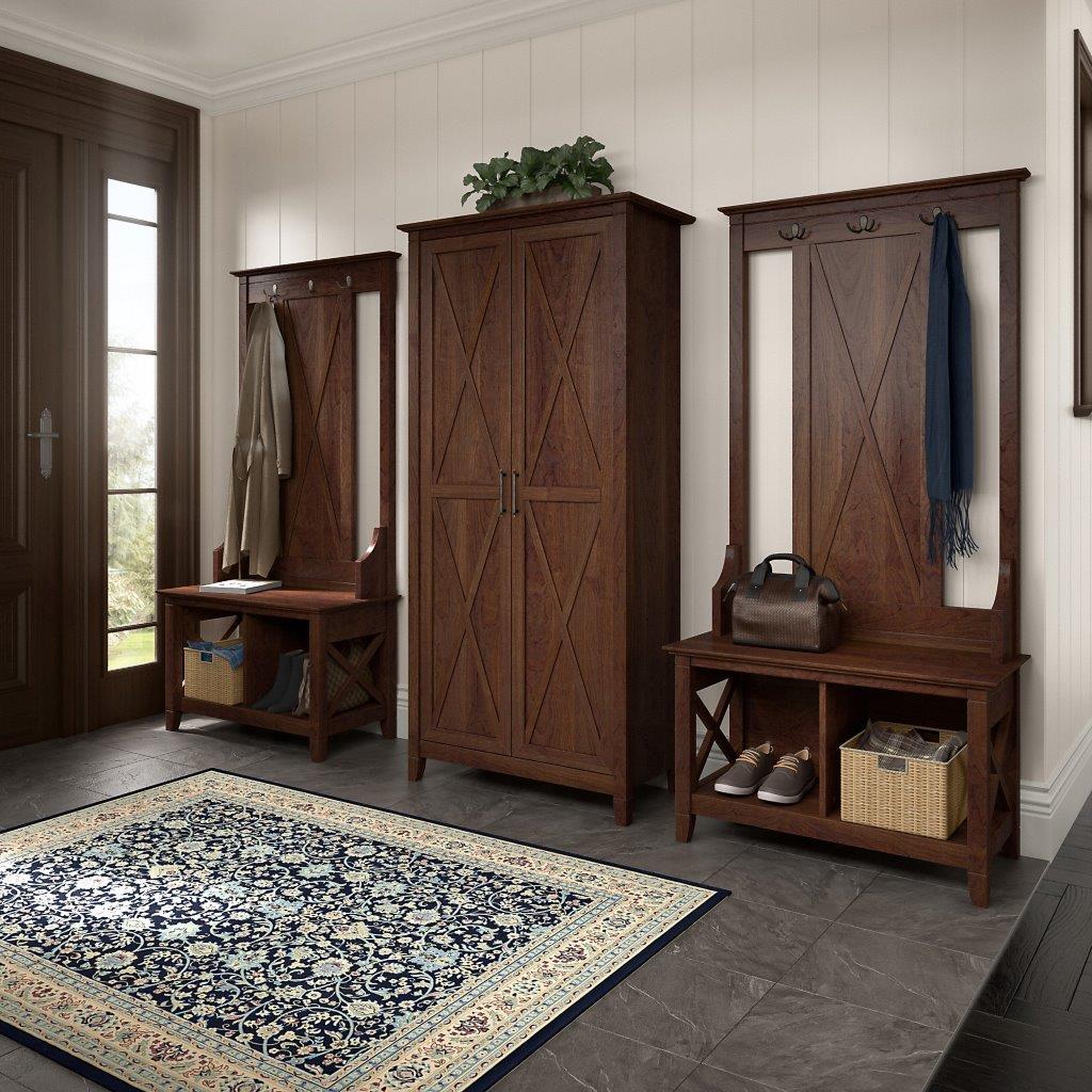 Bush Furniture Key West Entryway Storage Set with Hall Tree, Shoe Bench and Armoire Cabinet Bing Cherry