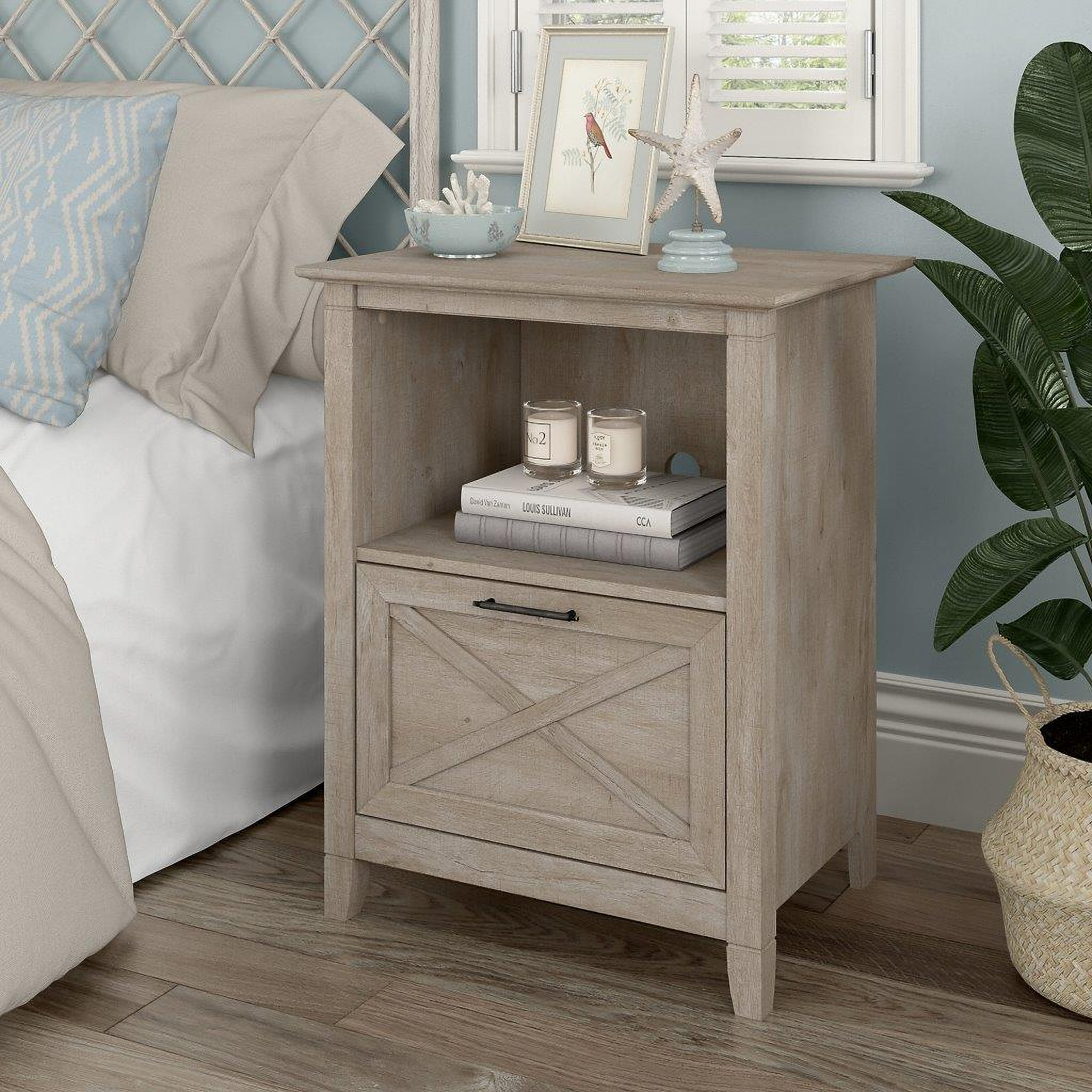 Bush Furniture Key West Nightstand with Drawer in Washed Gray Kwf124Wg