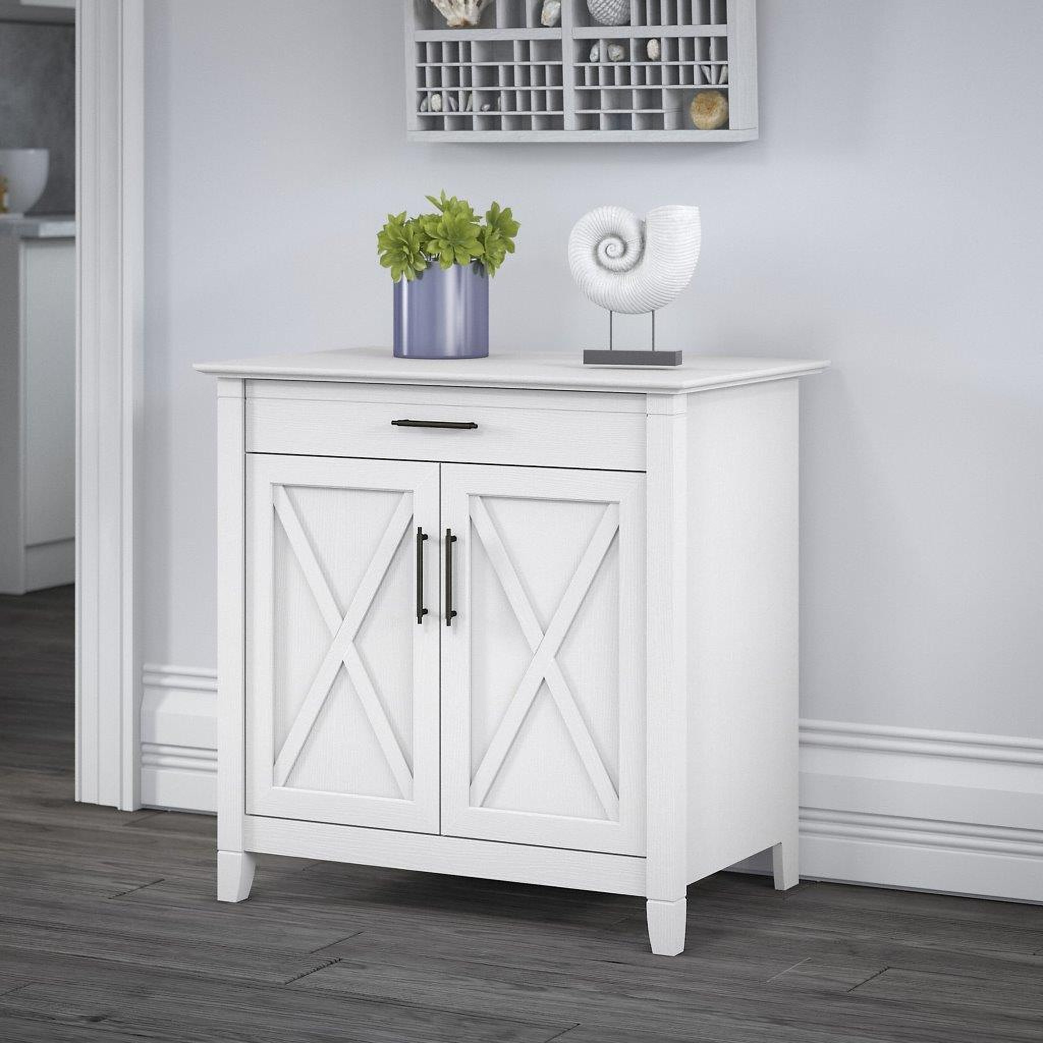 Bush Furniture Key West Tall Storage Cabinet with Doors in Pure White Oak 