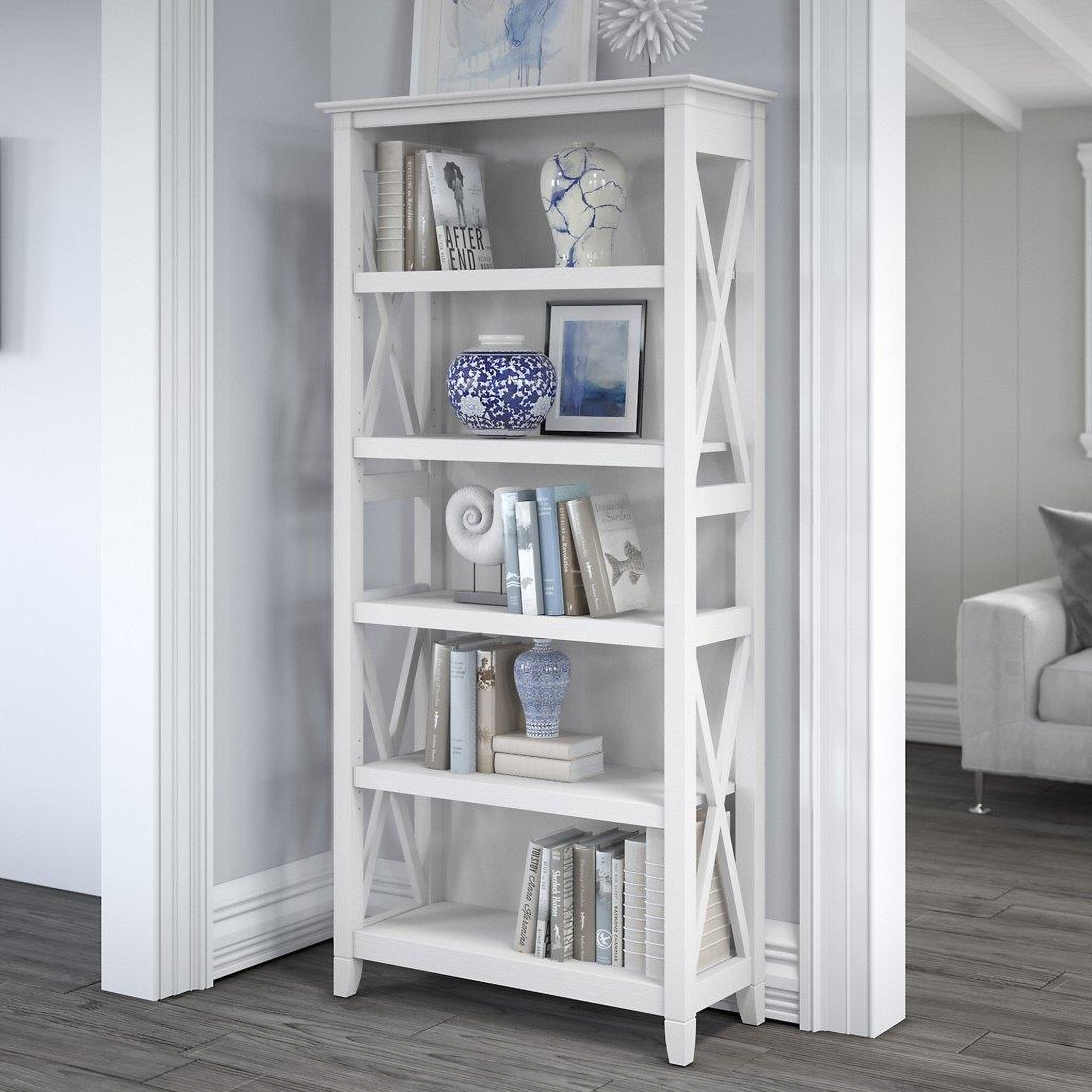 Bush Furniture Key West Tall 5 Shelf Bookcase In Pure White Oak ...