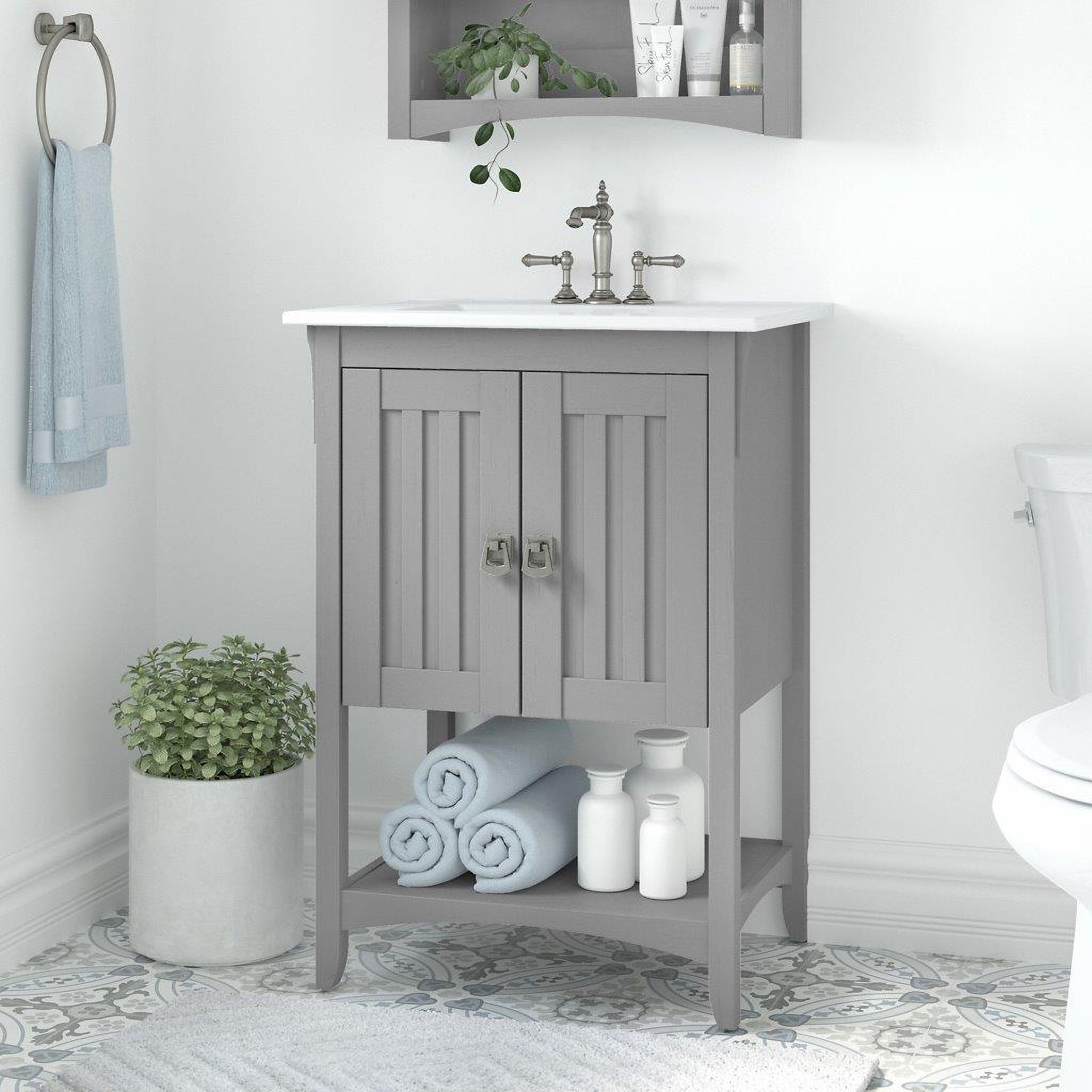 Bush Furniture Key West Tall Linen Cabinet and Over The Toilet Storage Cabinet in Driftwood Gray