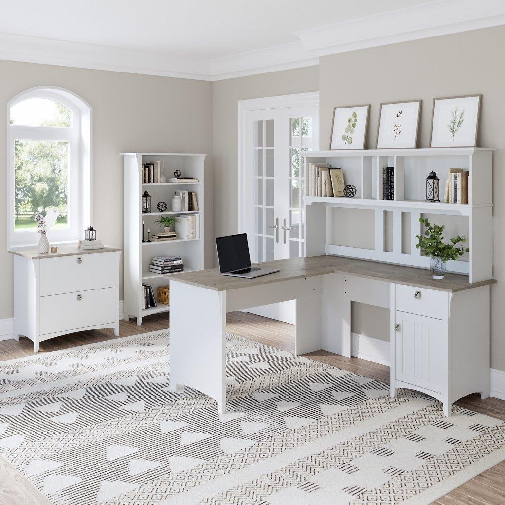 White & Silver L-Shaped Corner Desk with Hutch