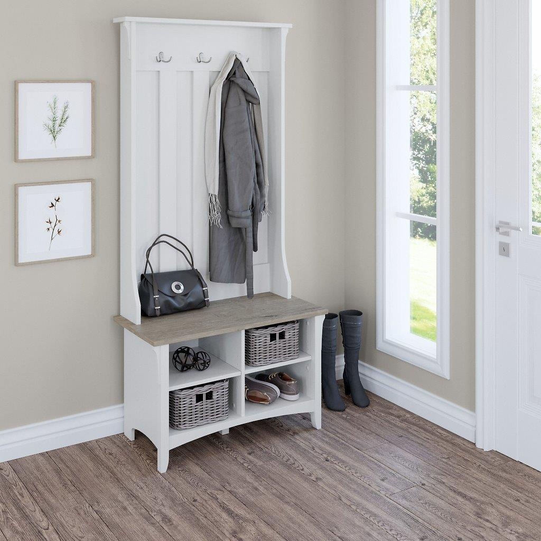 Kathy Ireland Home by Bush Furniture Woodland 40W Entryway Bench with Shelves and Wall Mounted Coat Rack in White Ash