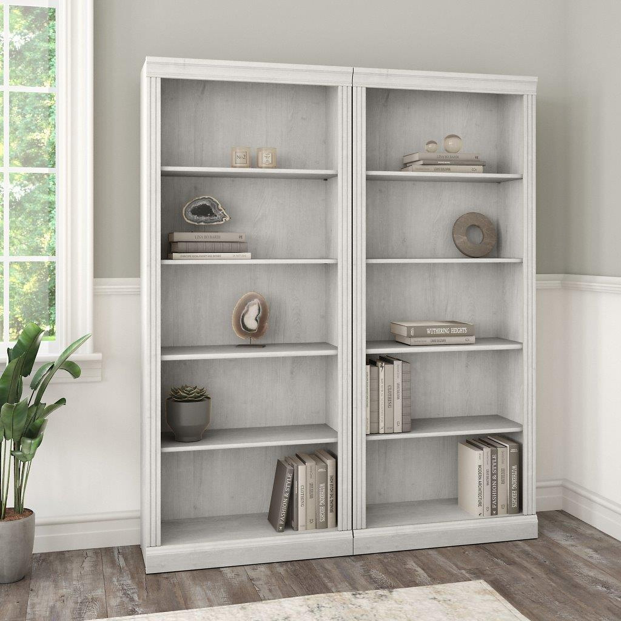 Bush Furniture Saratoga Tall 5 Shelf Bookcase Set Of 2 In Linen White Oak 1StopBedrooms