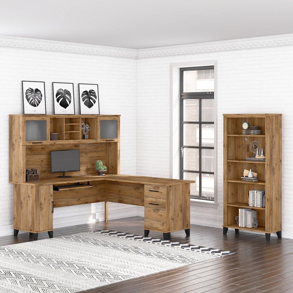Walnut Desk L Shaped Home Office Desk Wooden Computer Desk with Storage Drawers & Shelf
