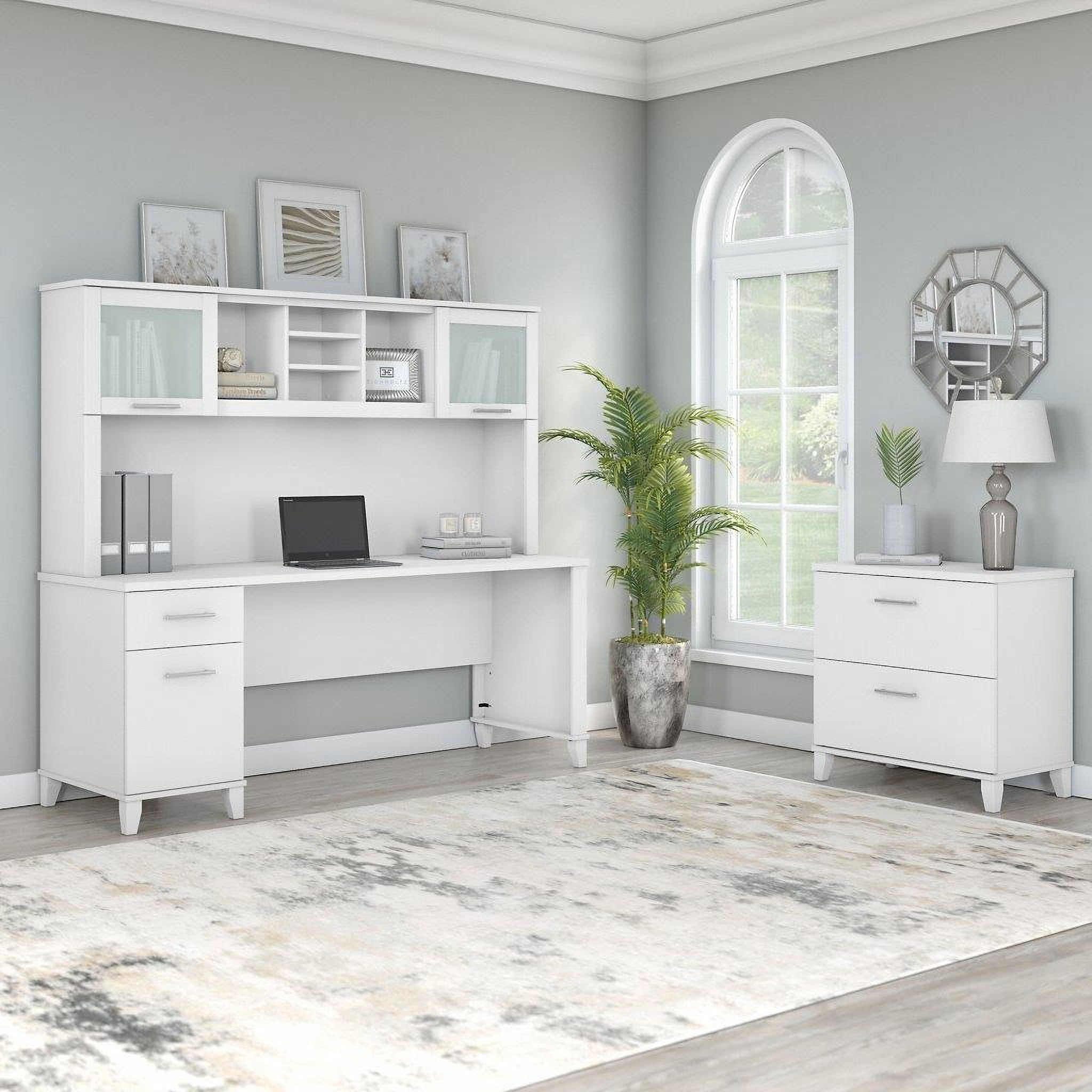 Bush Furniture Cabot Small Computer Desk with Hutch, Lateral File Cabinet and Bookcase, 48W, Linen White Oak