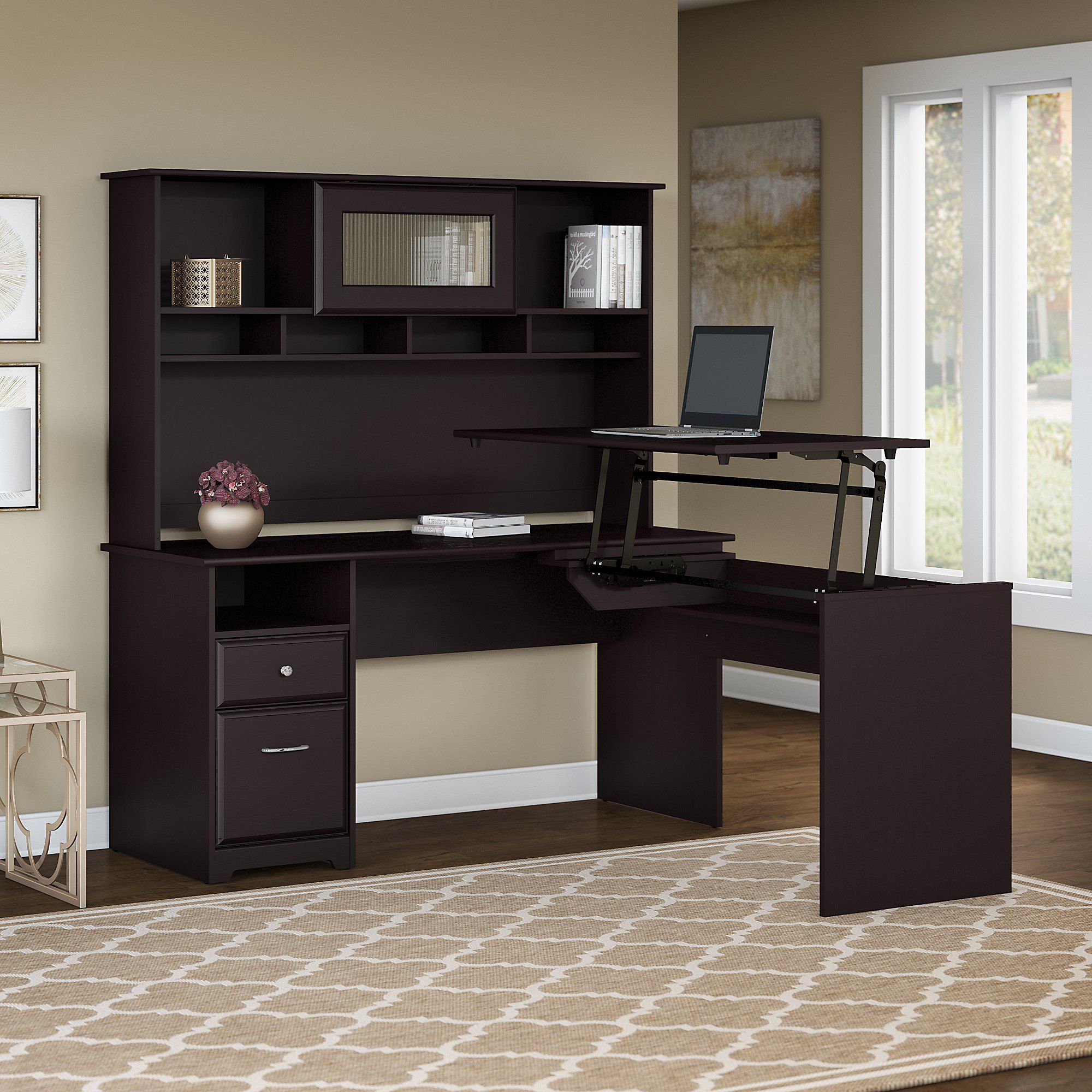Cabot Espresso Oak Rectangular Sit To Stand Desk with Hutch by Bush ...