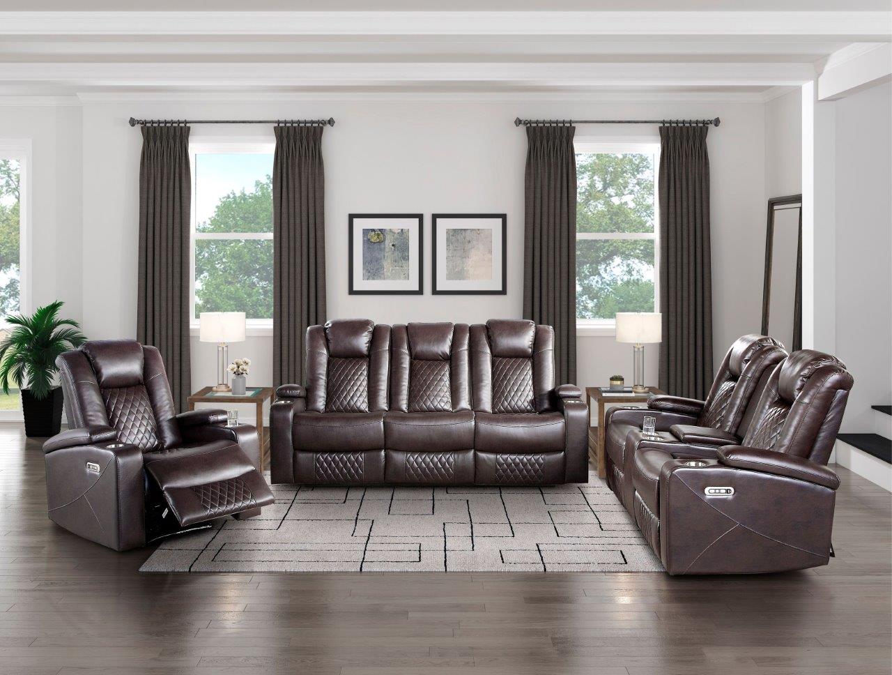 Caelan Dark Brown Power Double Reclining Center Drop Down Living Room Set  with Power Headrests