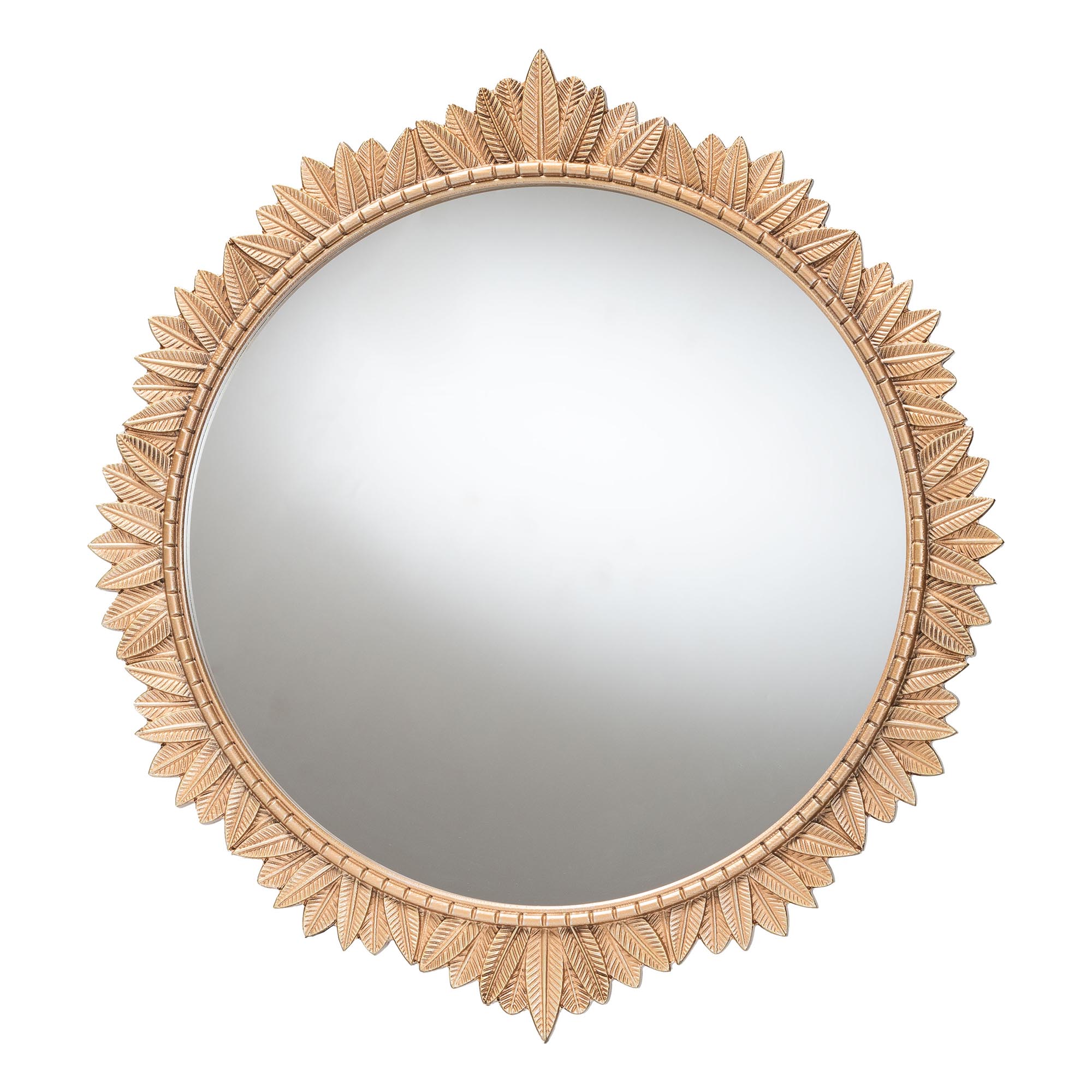 Caitlin Wood Round Accent Wall Mirror with Carved Leaf Border In