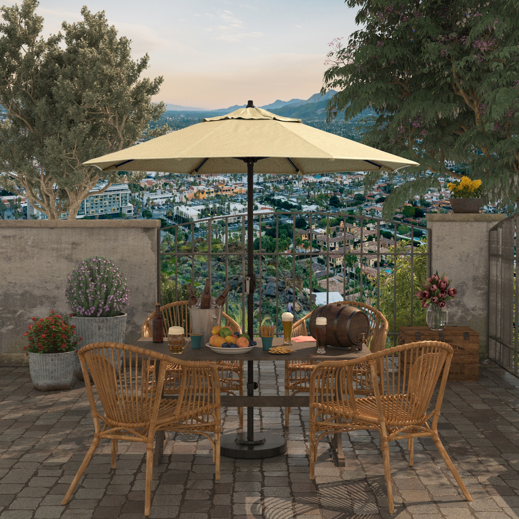 7.5 patio umbrella 7.5 ft. Bronze Aluminum Market Auto-Tilt Crank Lift Patio Umbrella in Beige Sunbrella