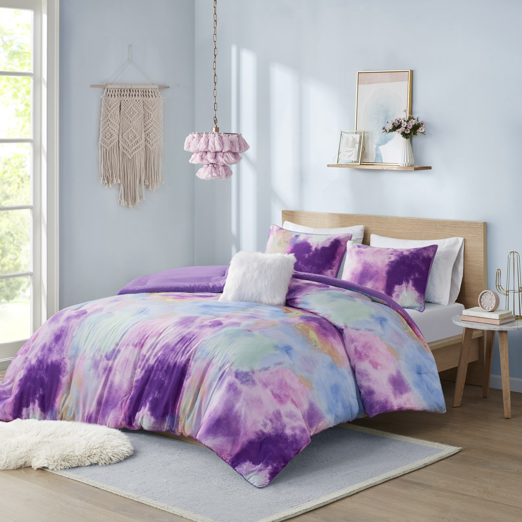 Intelligent Design Watercolor Tie Dye Printed Comforter Set with Throw Pillow, image size:1024x1024