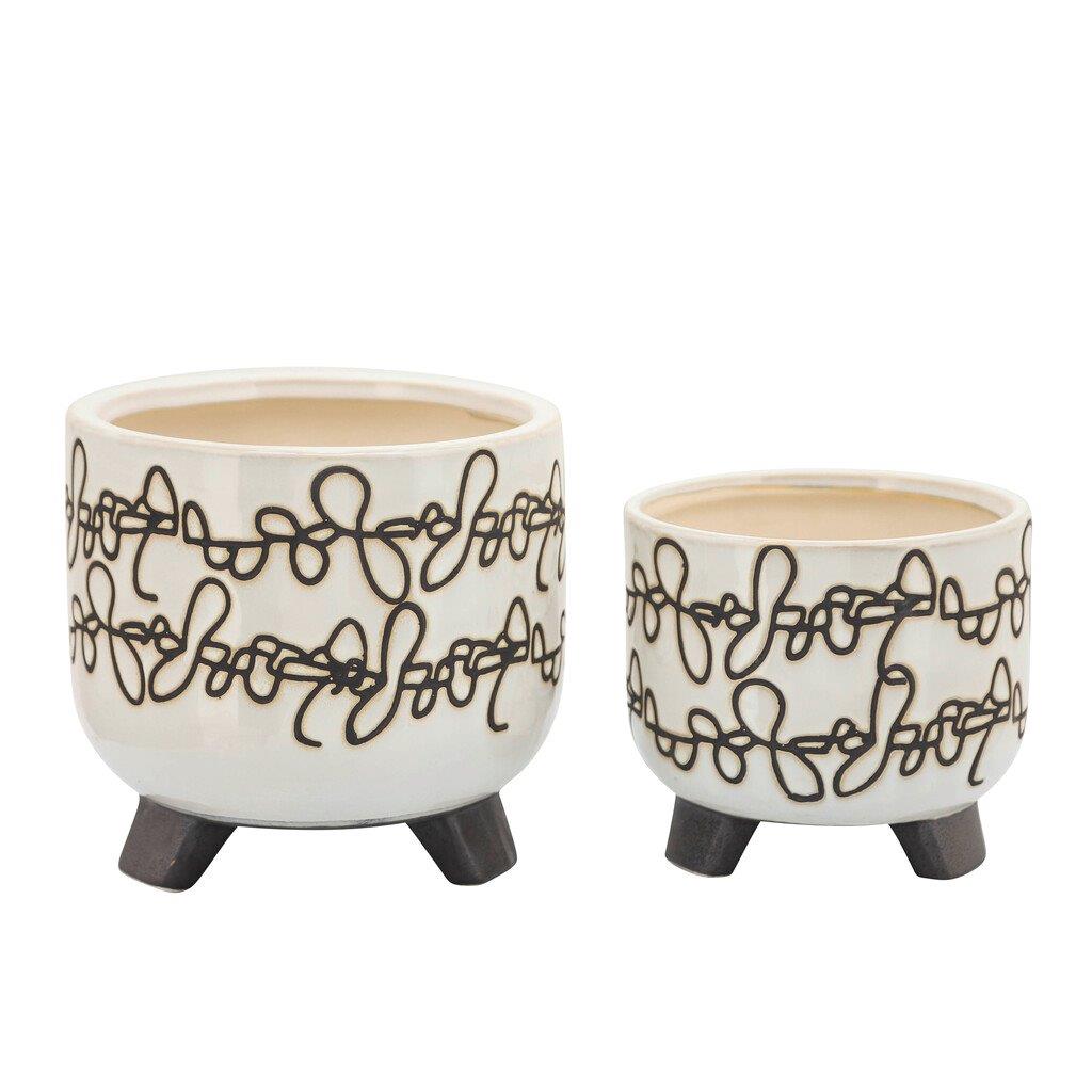 Ceramic Scribble Footed Planter Set of 2 In Beige