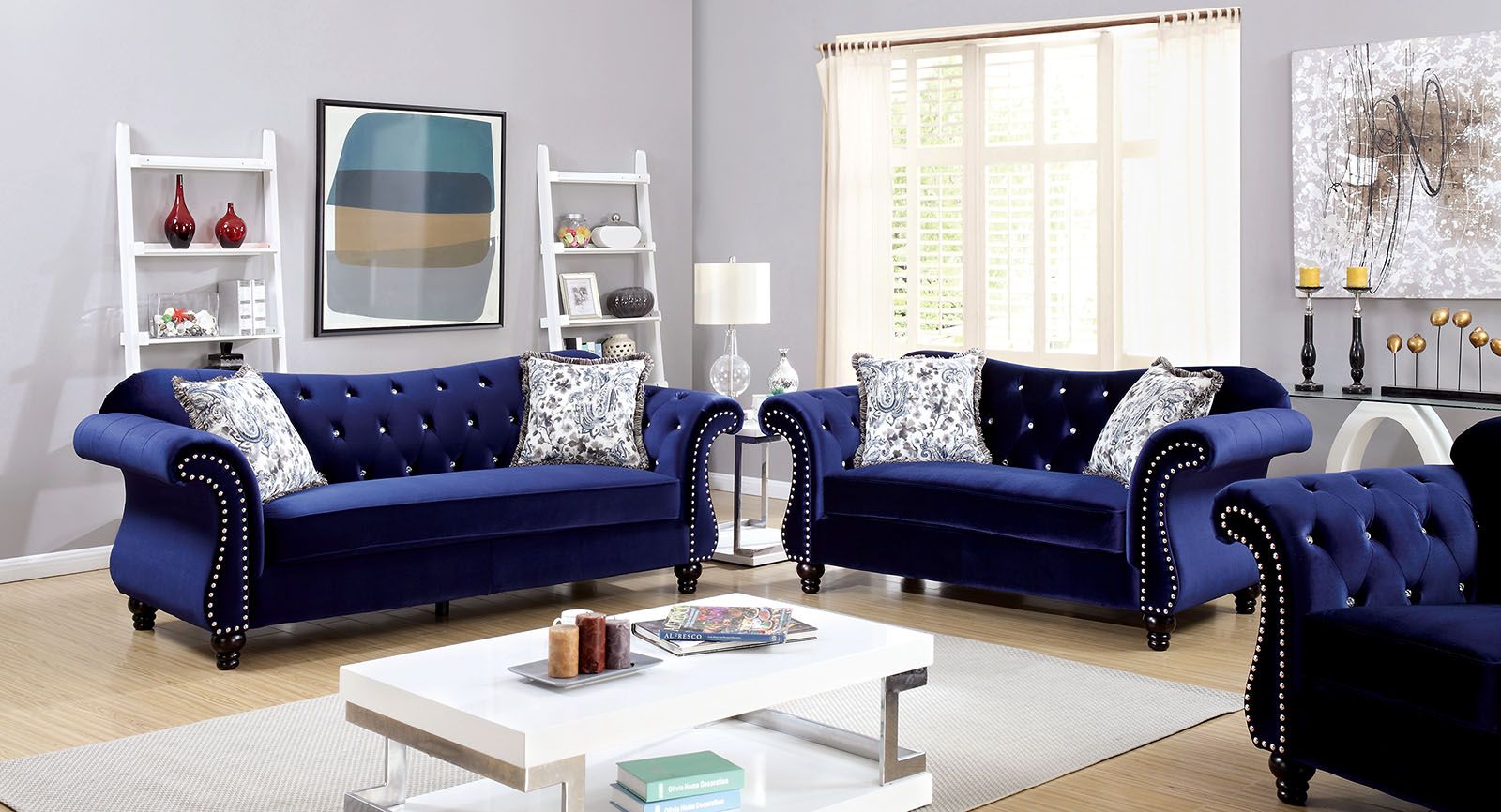 Furniture of America Jolanda Blue Flannelette Fabric Living Room Set - Jolanda Collection: 6 ...