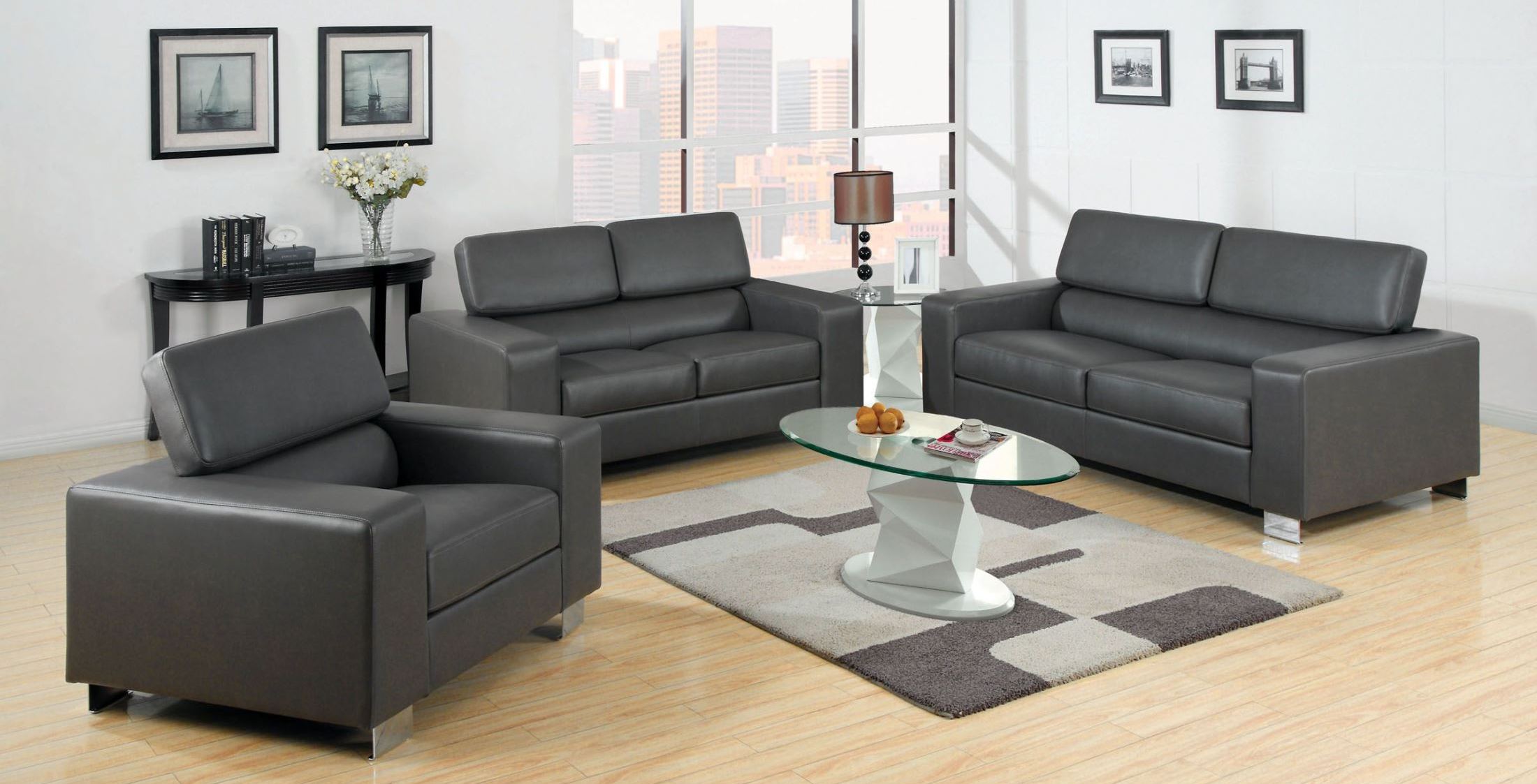 Furniture Of America Makri Gray Bonded Leather Match Living Room Set Makri Gray Bonded Leather Match Living Room Setmedia Image