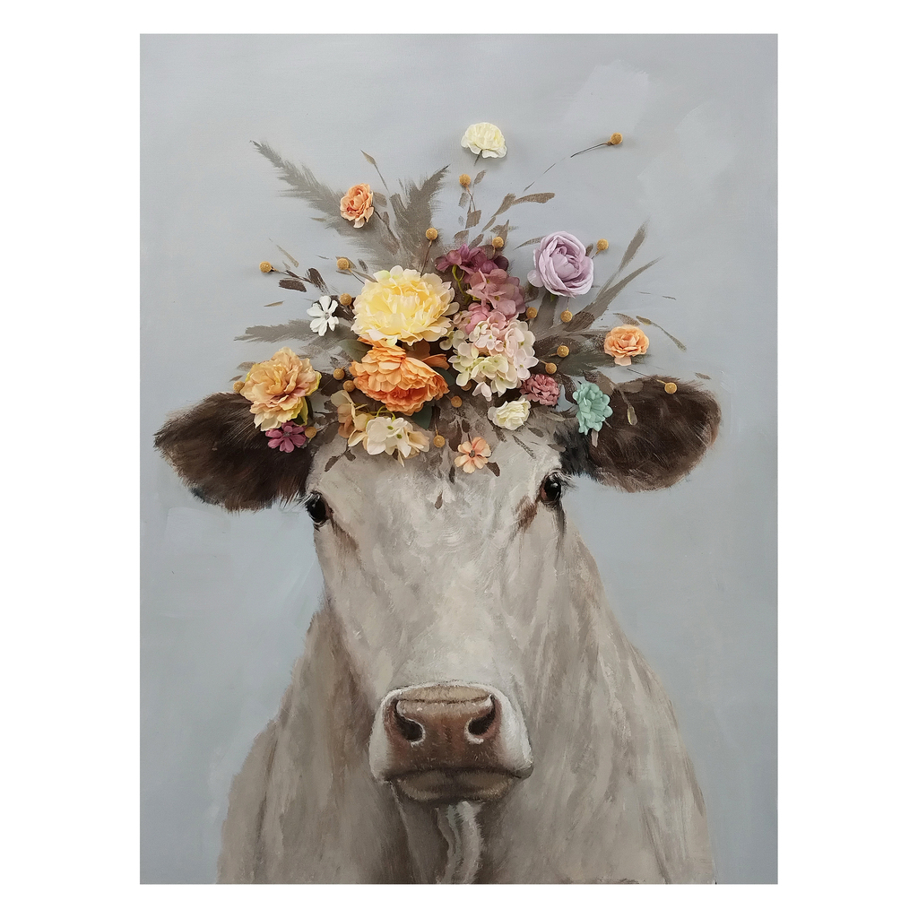 Contemplative Floral Crowned Cow Canvas Wall Art In Multi by Classy ...