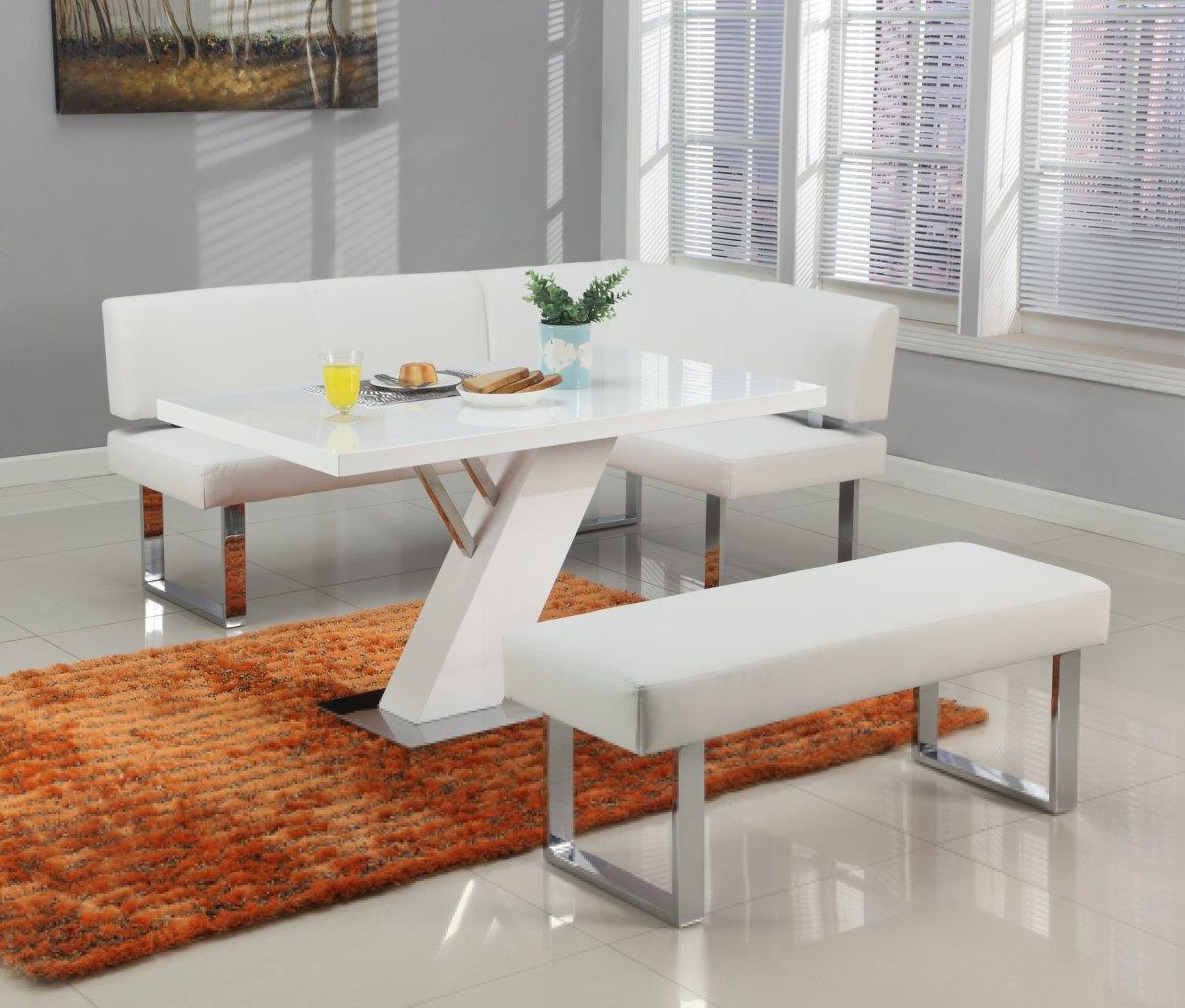 Linden Dining Set With Table Upholstered Bench And Nook In Gloss White by Chintaly Imports 1StopBedrooms