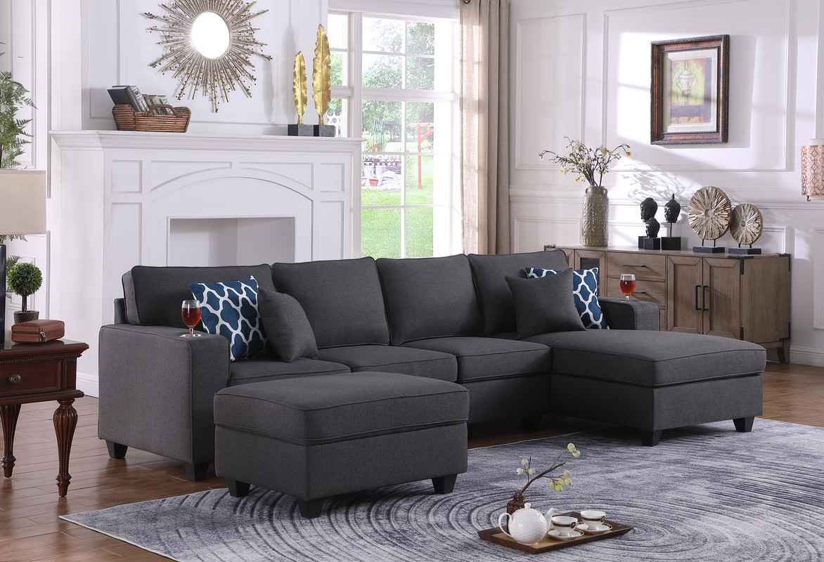 Gray Linen 5pc Sectional Sofa Chaise