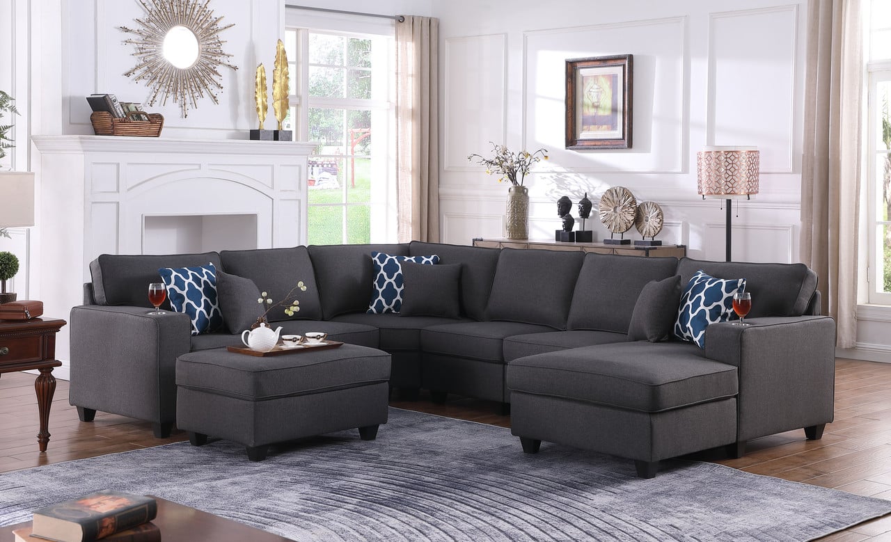 Cooper Dark Gray Linen 7pc Modular Sectional Sofa Chaise With Ottoman And Cupholder
