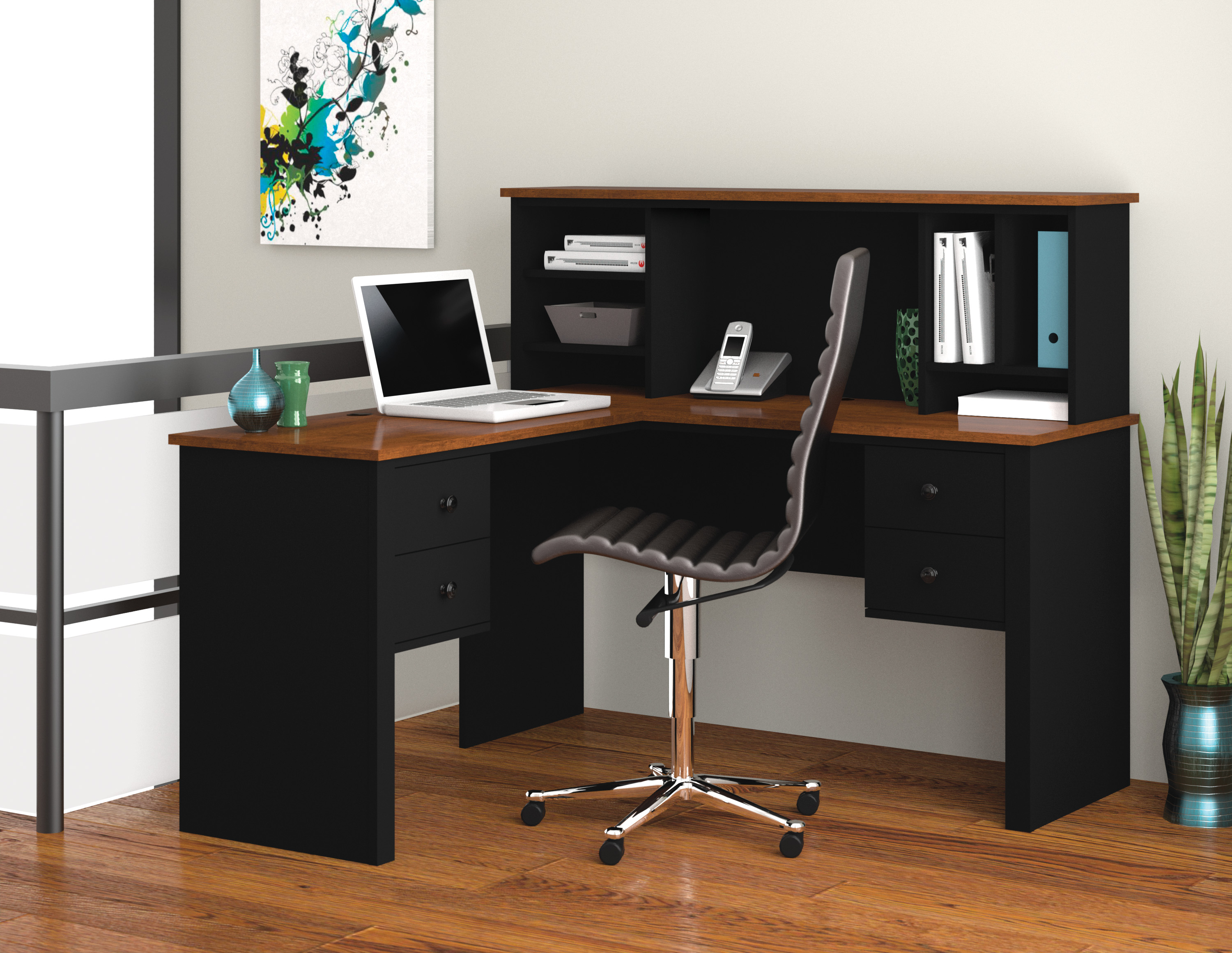 Somerville Black Tuscany Brown L Shaped Desk With Hutch