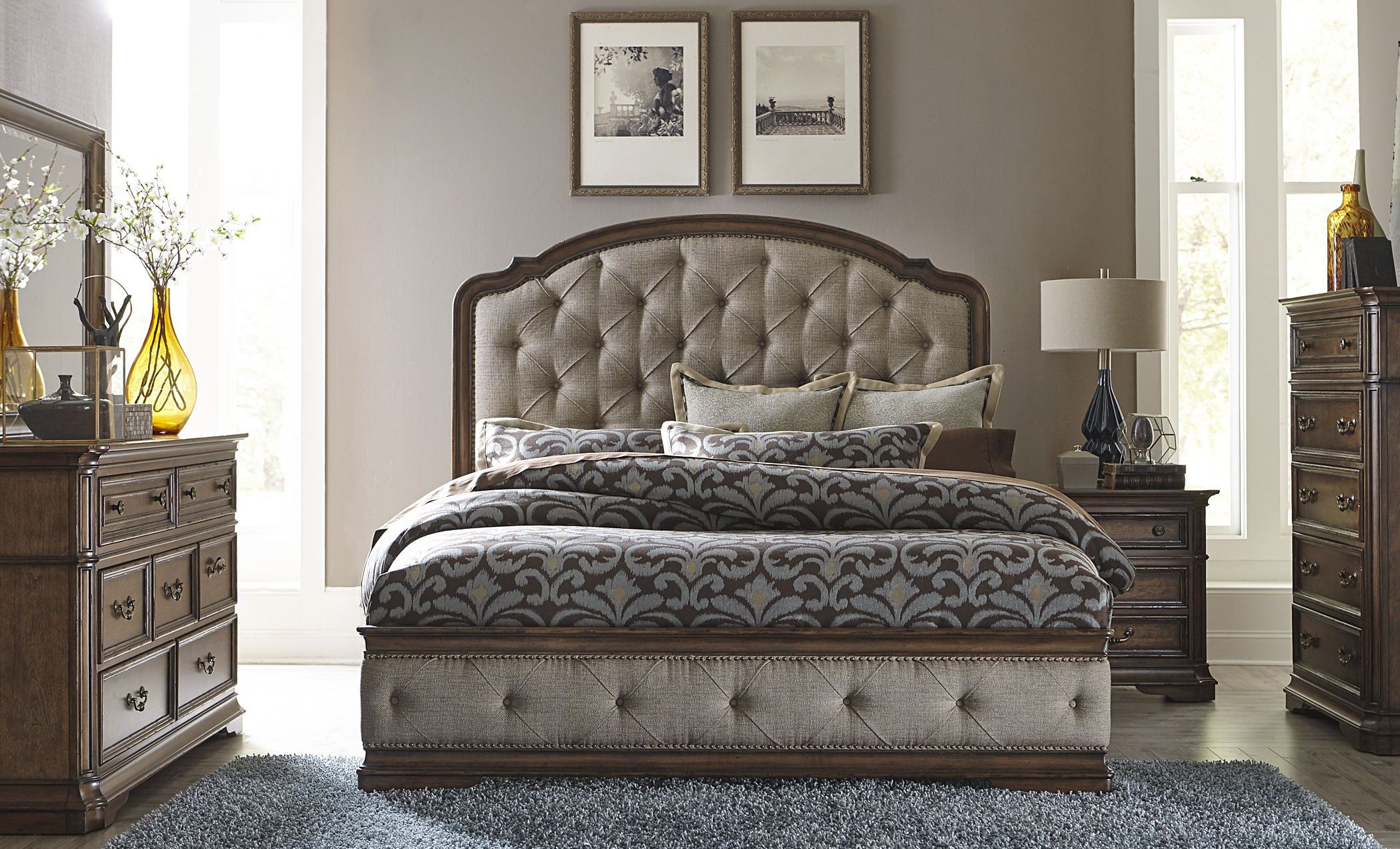 Amelia Antique Toffee Upholstered Mansion Bedroom Set