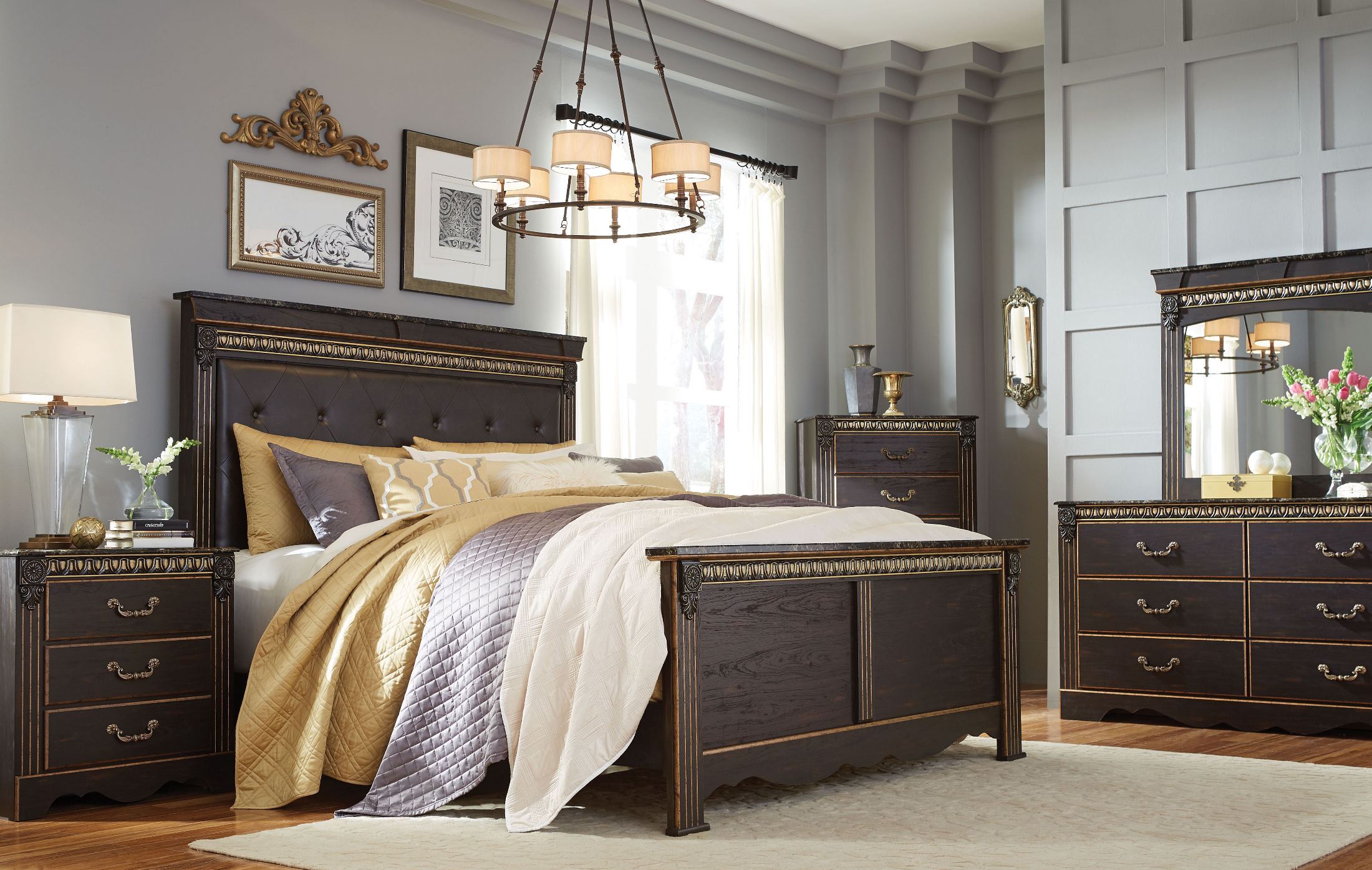 Harviell Dark Chocolate Pecan Panel Bedroom Set