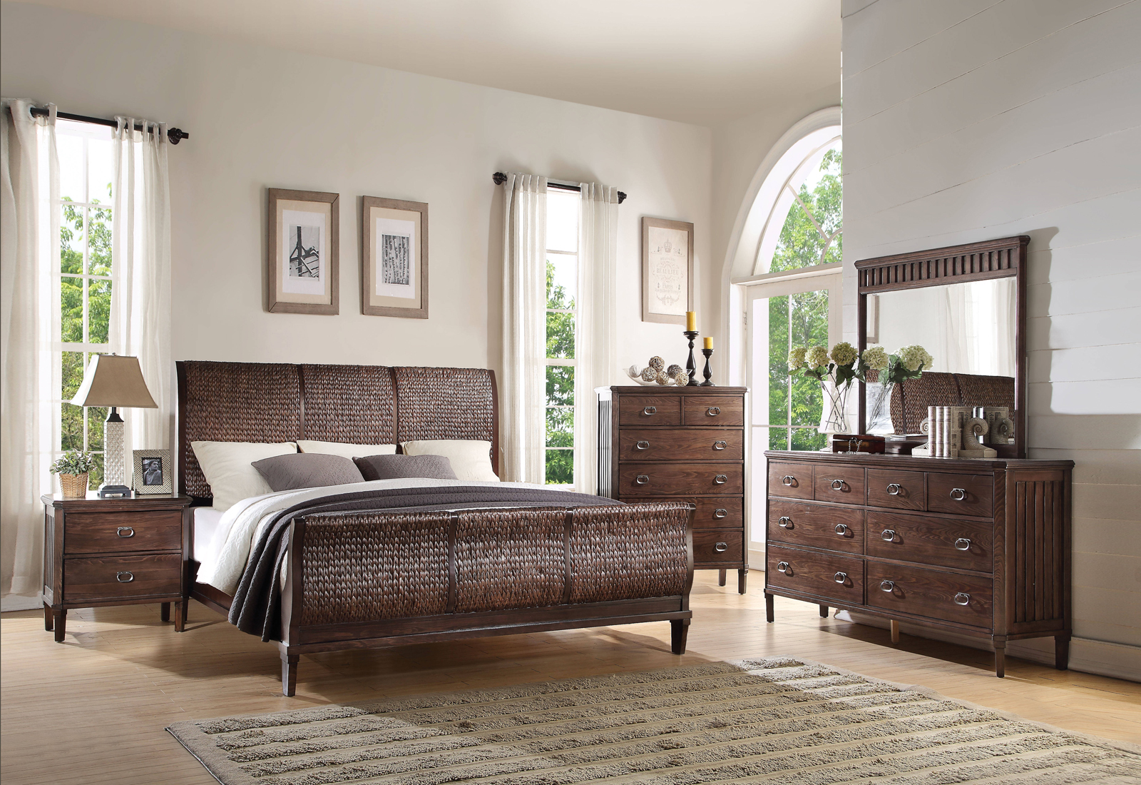 Acme Mazen Wicker Wood Sleigh Bedroom Set In Cherry Oak