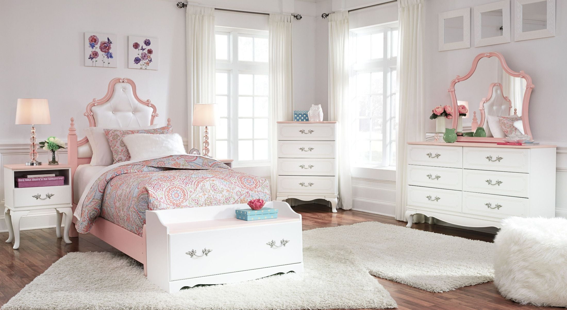 Laddi White And Pink Youth Upholstered Poster Bedroom Set