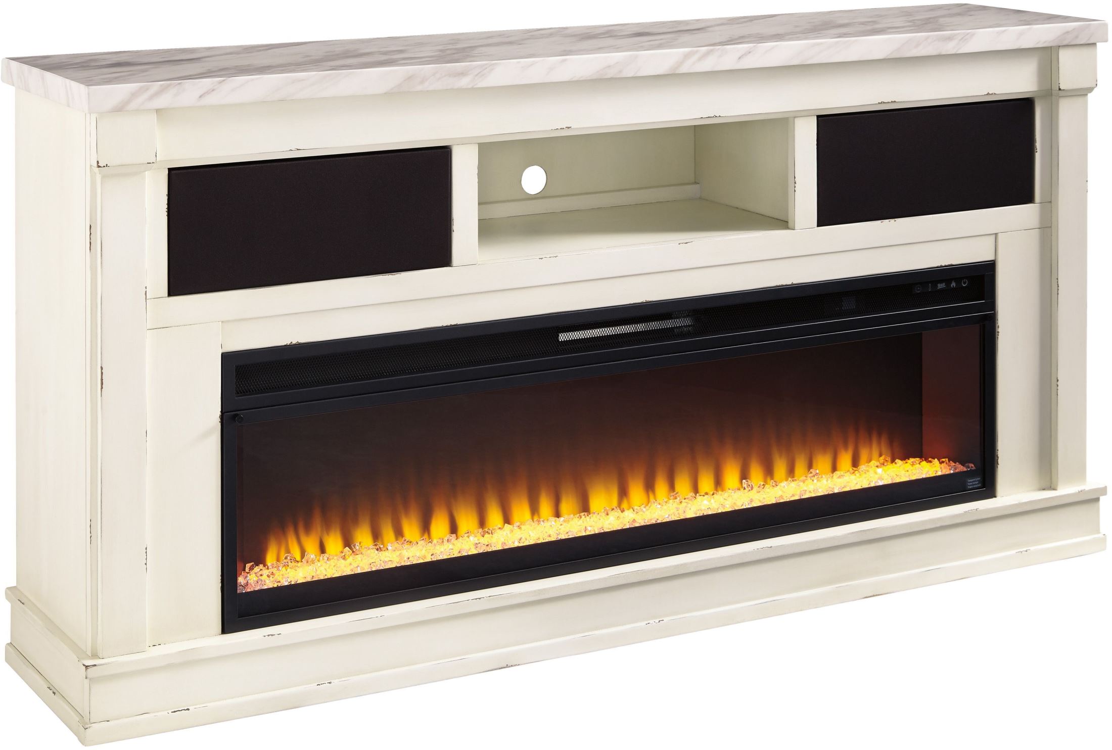 Becklyn Chipped White Xl Tv Stand With Wide Fireplace Insert