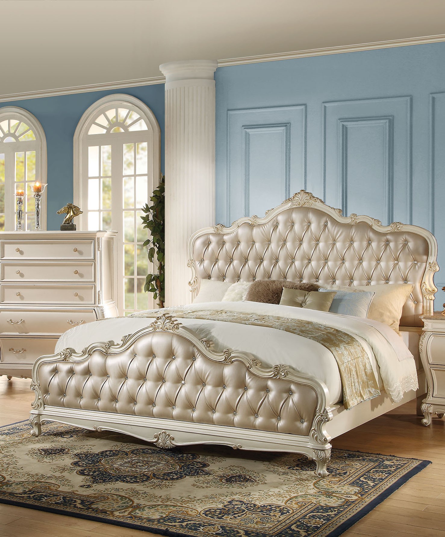 Acme Chantelle Button Tufted Upholstered Bedroom Set In Pearl White 23545