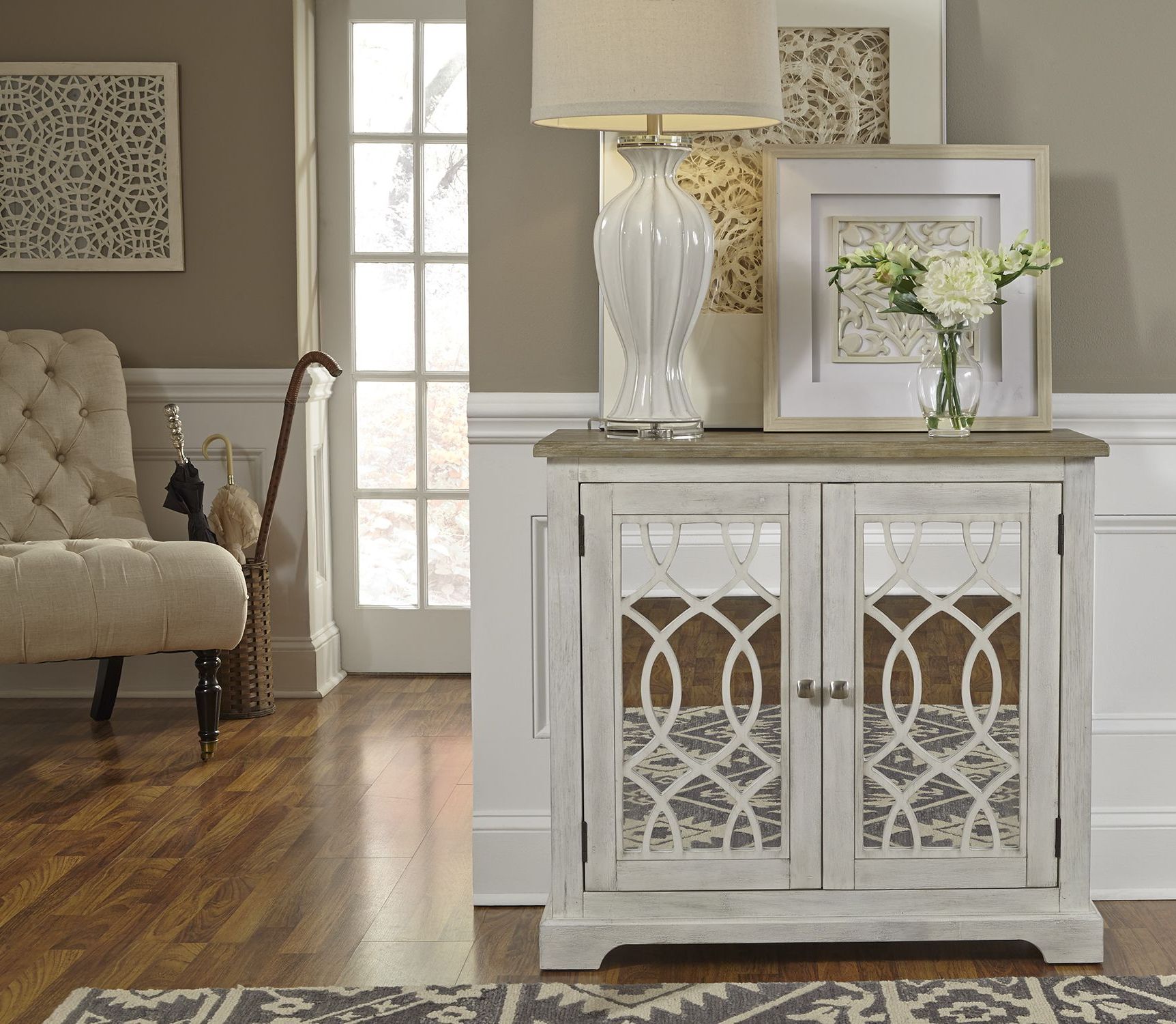 Camille Antique White 2 Door Mirrored Accent Cabinet 1stopbedrooms