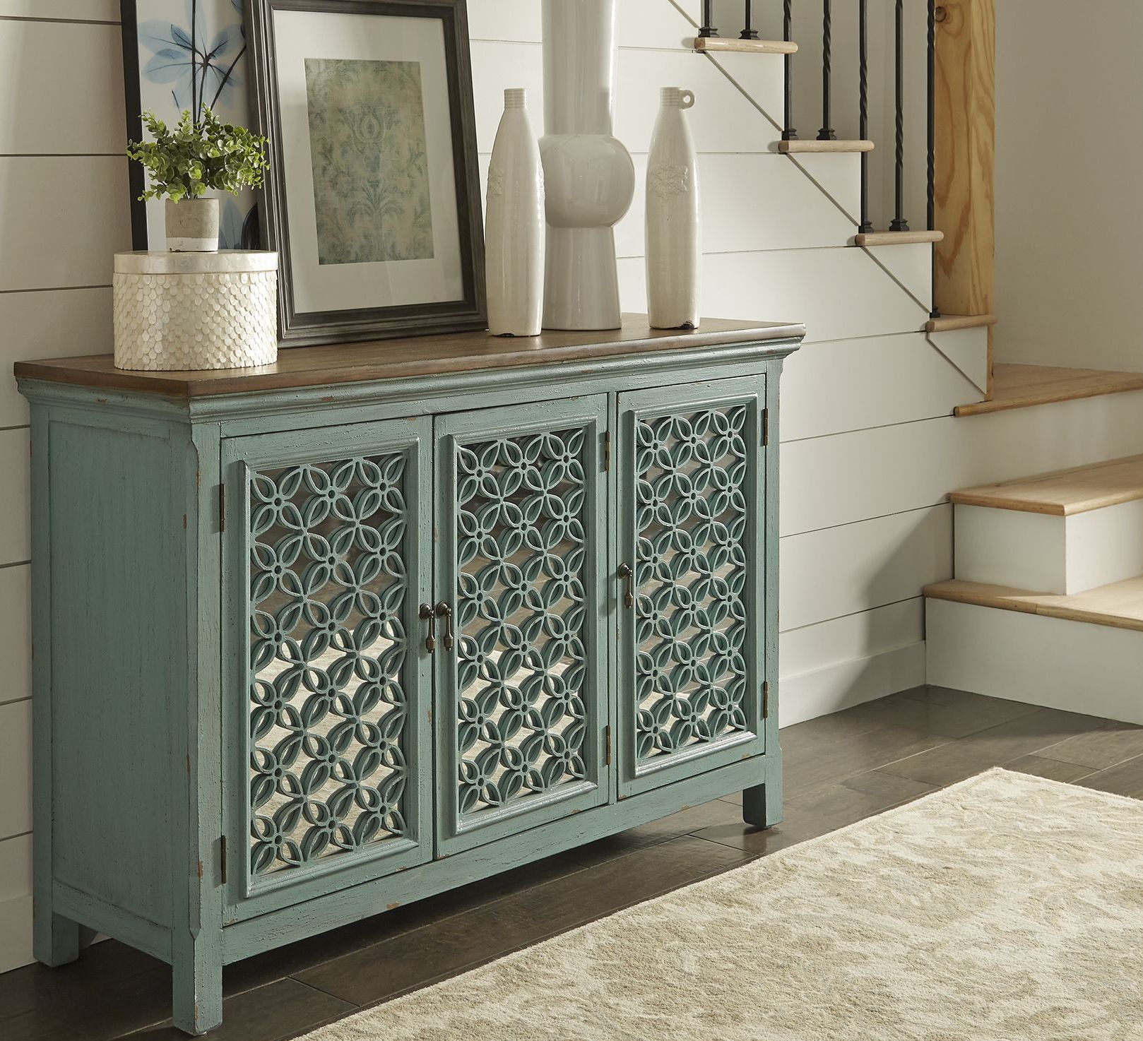 Eclectic Living Turquoise 3 Door Accent Cabinet 1stopbedrooms