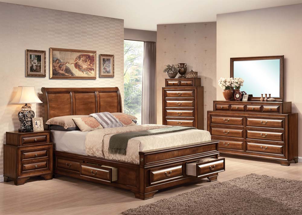 Acme Konane Sleigh Bedroom Set With Underbed Storage In Brown Cherry