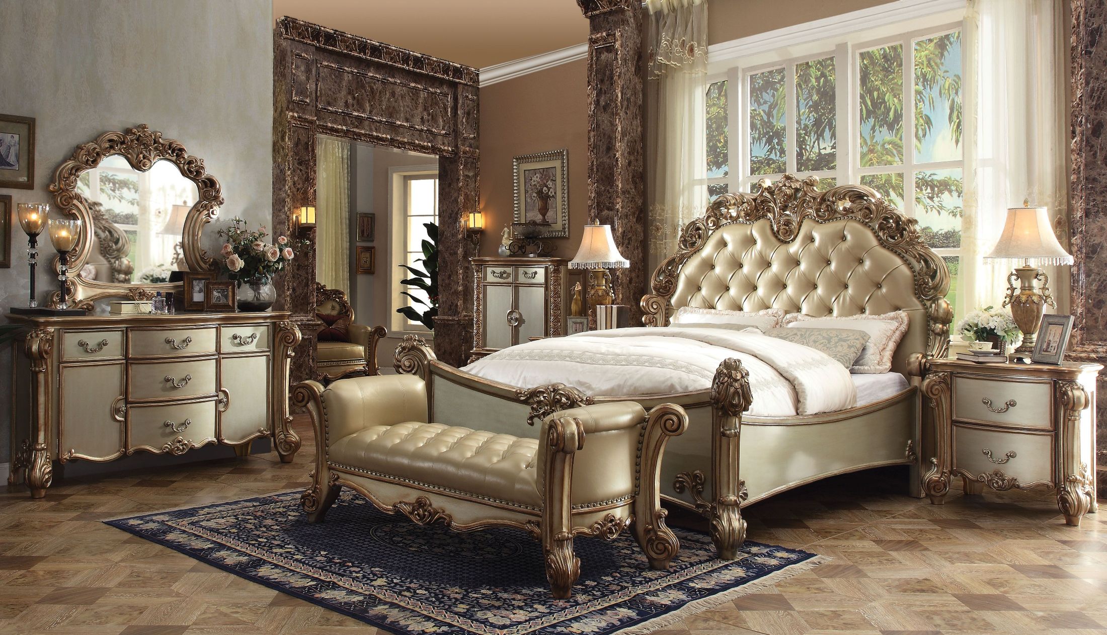 Vendome Bone Gold Patina Upholstered Panel Bedroom Set