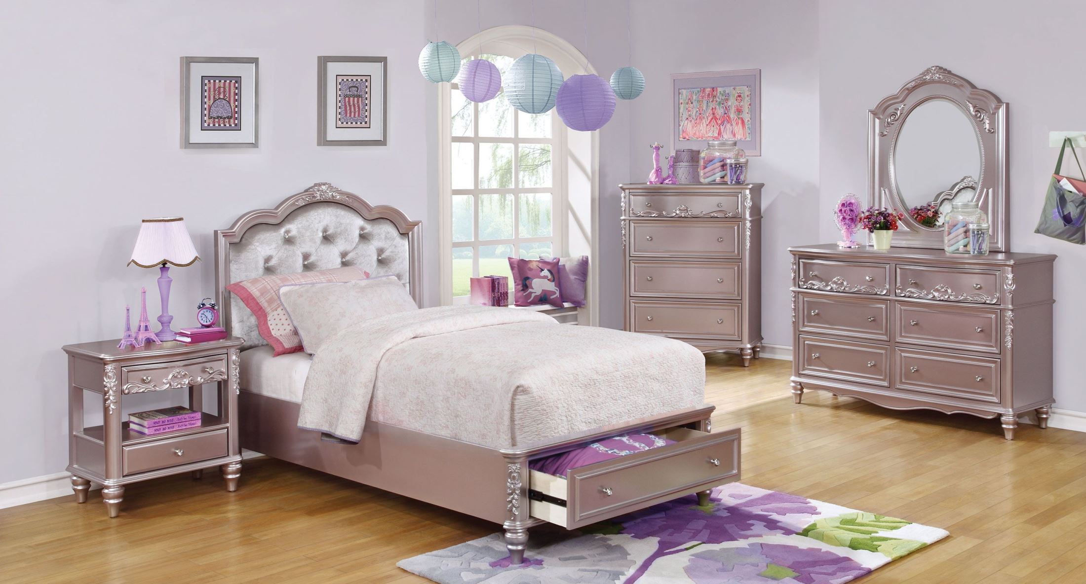 Caroline Metallic Lilac Youth Storage Platform Bedroom Set ...