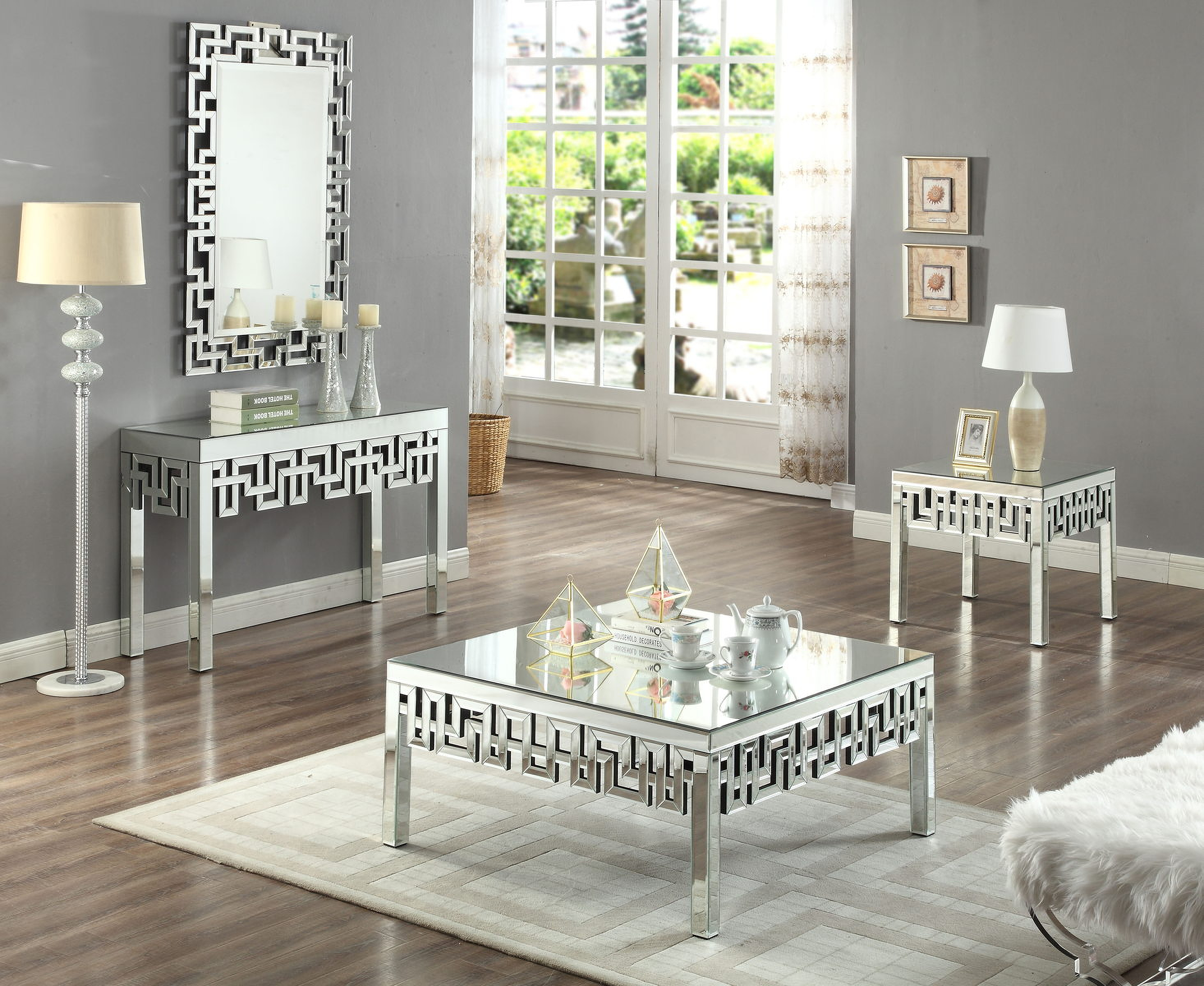 Meridian Aria Mirrored 3 Piece Occasional Table Set 1stopbedrooms